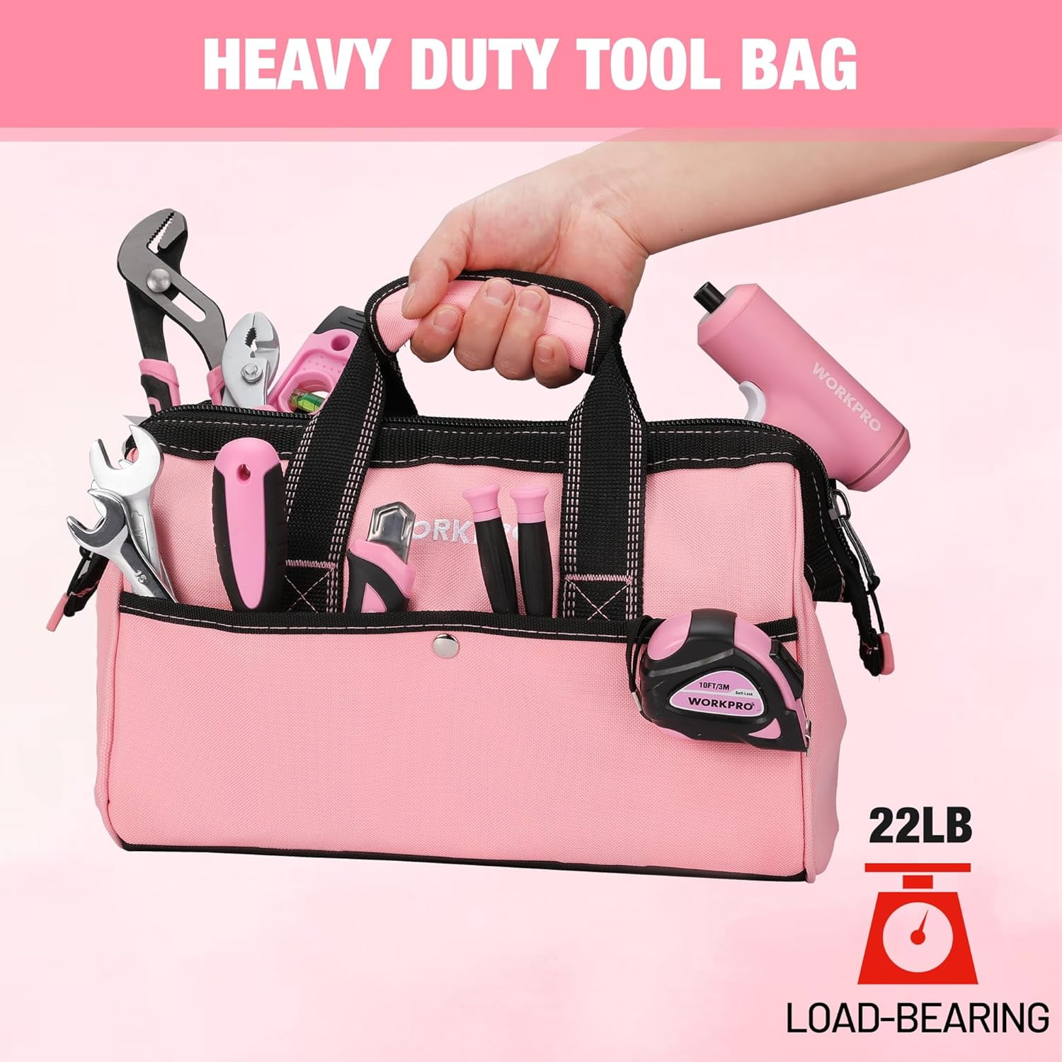 WORKPRO 13-inch Tool Bag, Heavy-Duty Soft Storage Tote with Wide Mouth and Pockets (Pink, 13.38 in x 6.69 in x 8.66 in) 6iikn