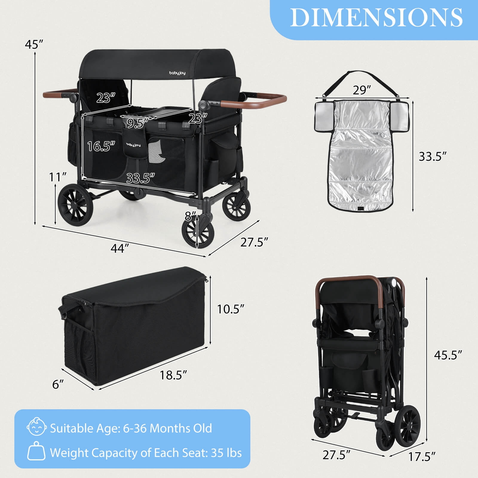 Costway 4-Seater Wagon Stroller, Foldable Push-Pull Toddler Stroller with Removable Canopy (Black, 4-Seater) 0d9fk