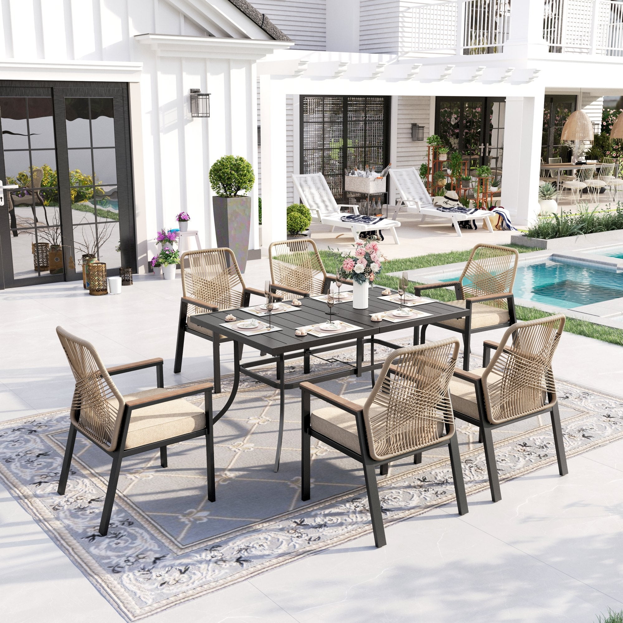 Sophia & William 7-Piece Outdoor Patio Dining Set with Cushions and Steel Table (Beige, 7-Piece Set) m47um