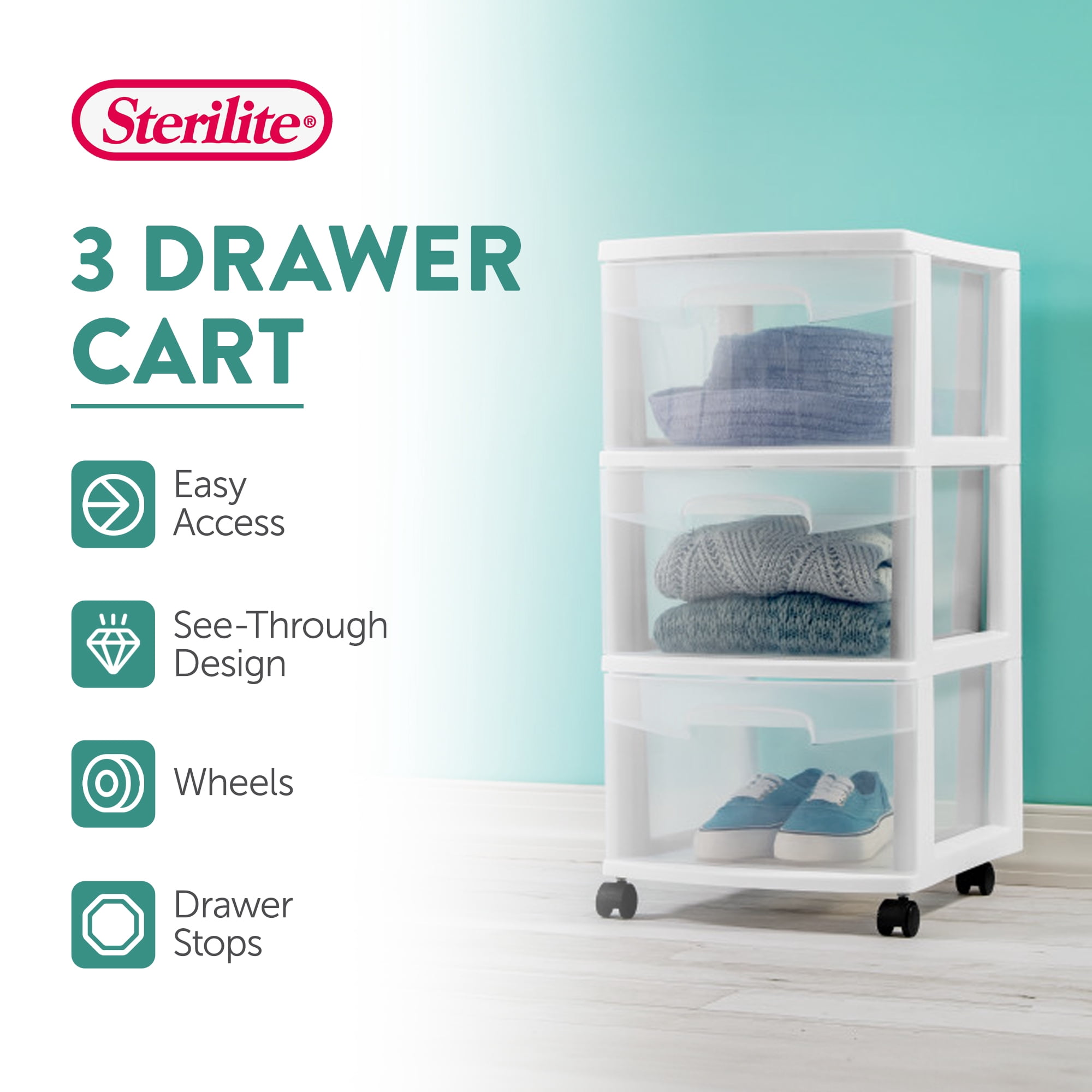 Sterilite 3 Drawer Rolling Storage Cart Organizer with Wheels (White, 4 Pack) 55wf9
