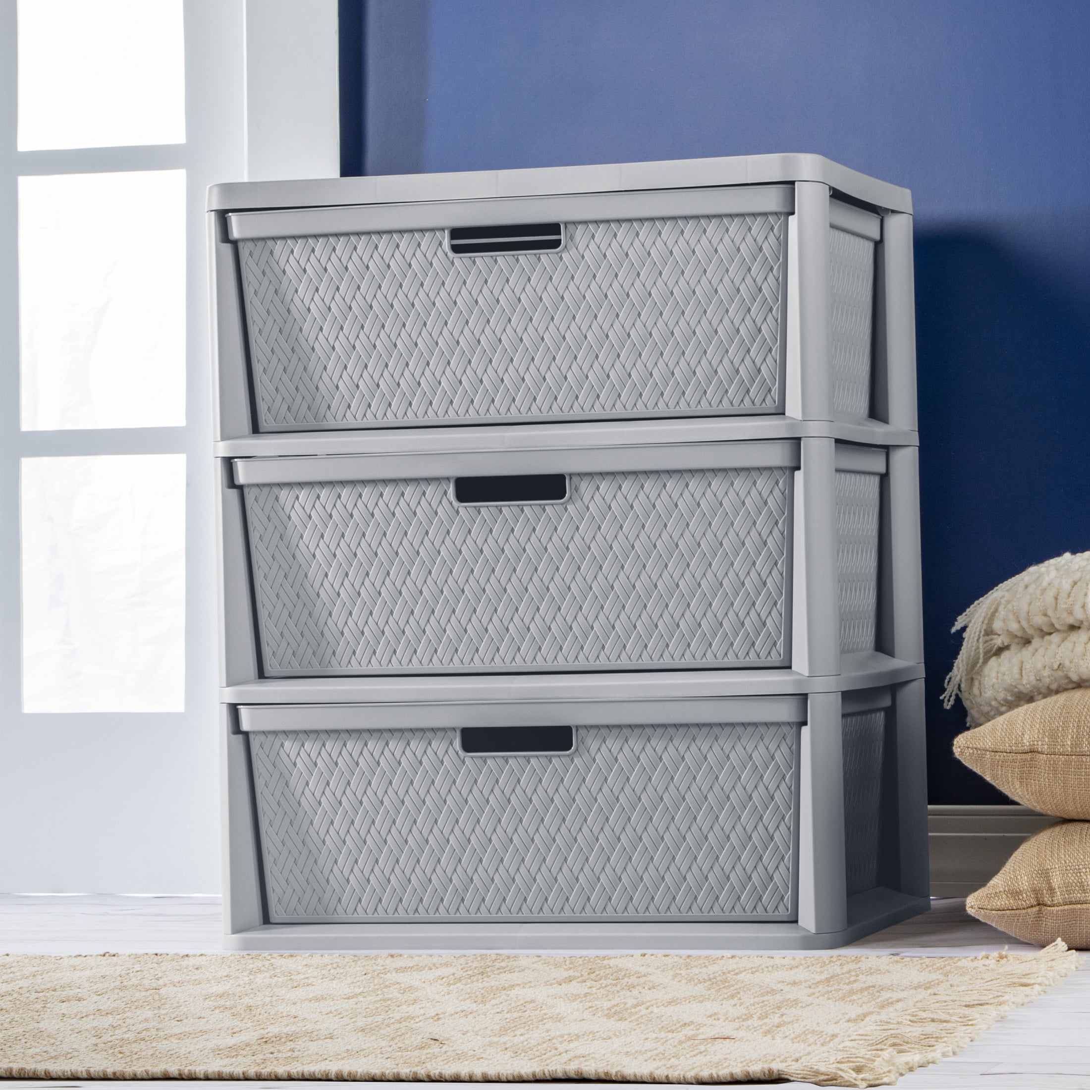 Sterilite Wide 3 Drawer Tower, Plastic Storage Organizer with Removable Bins (Gray, 15.6 in x 21 in x 25.3 in) ni9y1