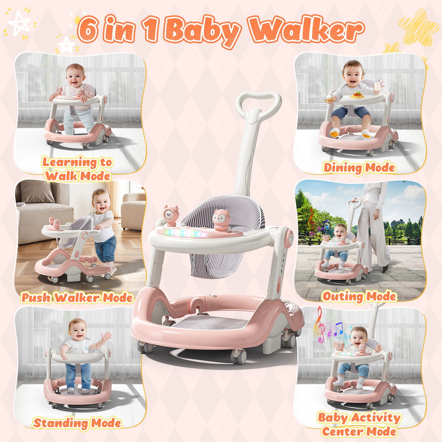WonderStone 5-in-1 Baby Walker and Activity Center, Foldable Push Walker with Music and Lights (Pink, 27.5 in x 21 in x 19.68 in) 43quc