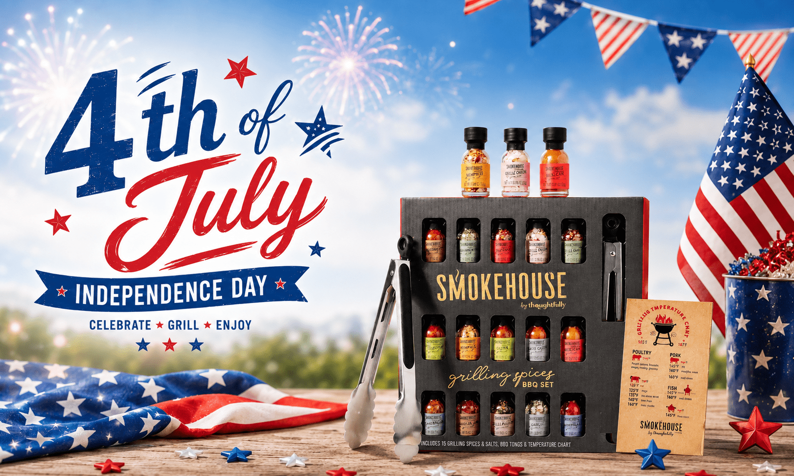 Thoughtfully Smokehouse Grilling Spices BBQ Set with Tongs and Magnet (15 Piece Set) gulfb