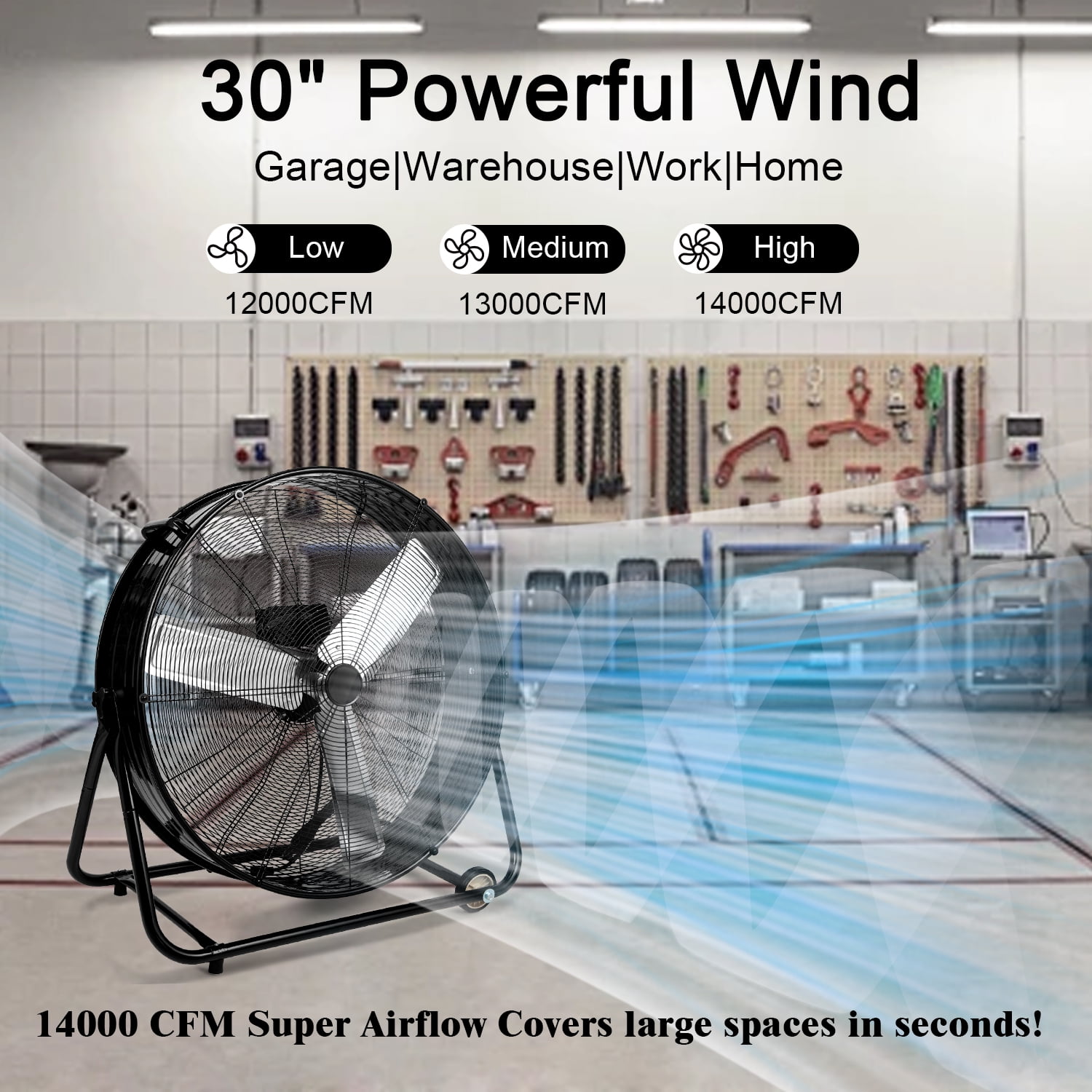 VAJIAZA 30 in Industrial High Velocity Drum Fan, Heavy Duty Air Circulator with 360° Tilt and 3 Speeds (Black, 30 in) e4que