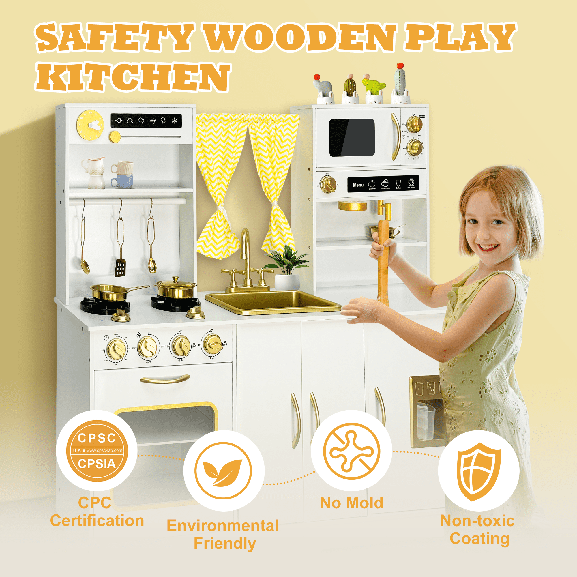 iYofe Wooden Pretend Play Kitchen Set for Toddlers, Interactive Toy Kitchen with Realistic Sounds and 18 Accessories (White, 43.3 x 12.6 x 39.9 in) 2cyah