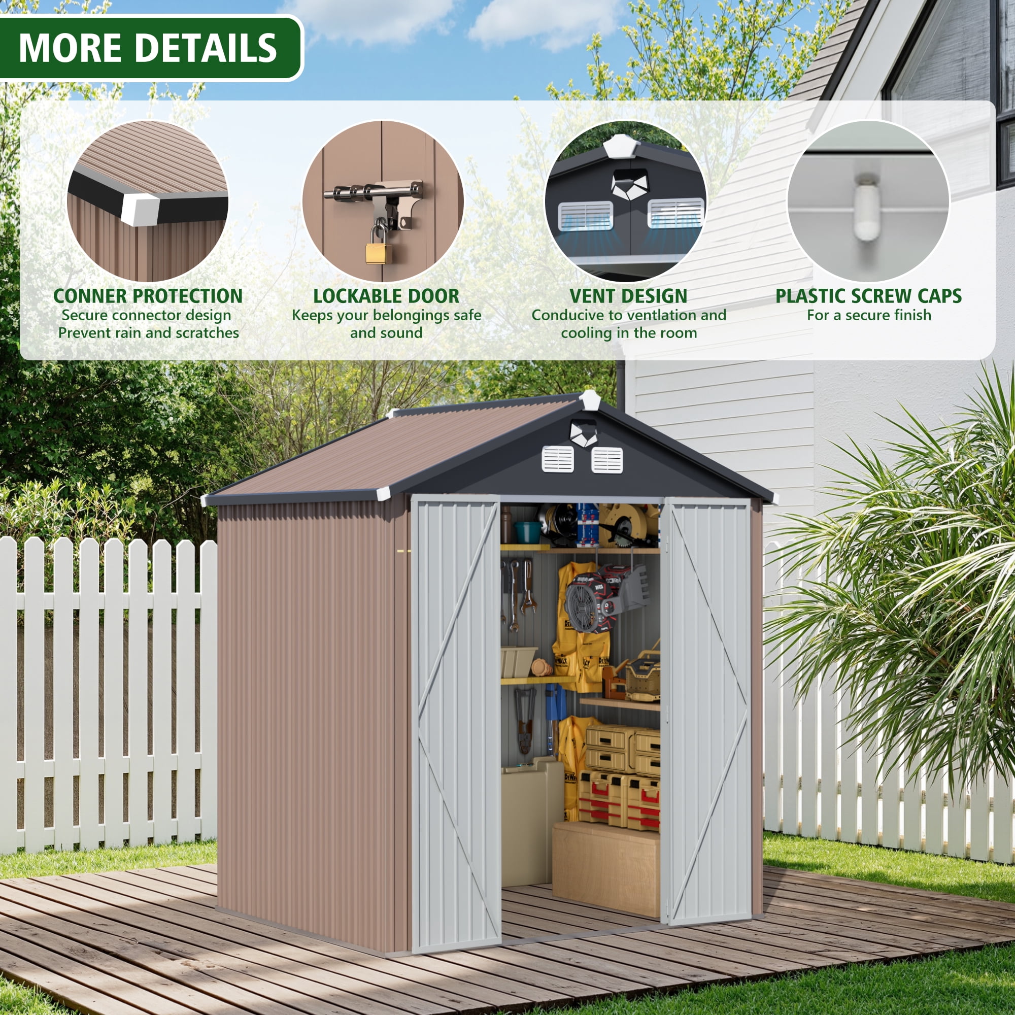 Licheers Outdoor Metal Tool Storage Shed with LED Light and Air Vents (Brown, 8 ft. W x 6 ft. D) 5yoq4