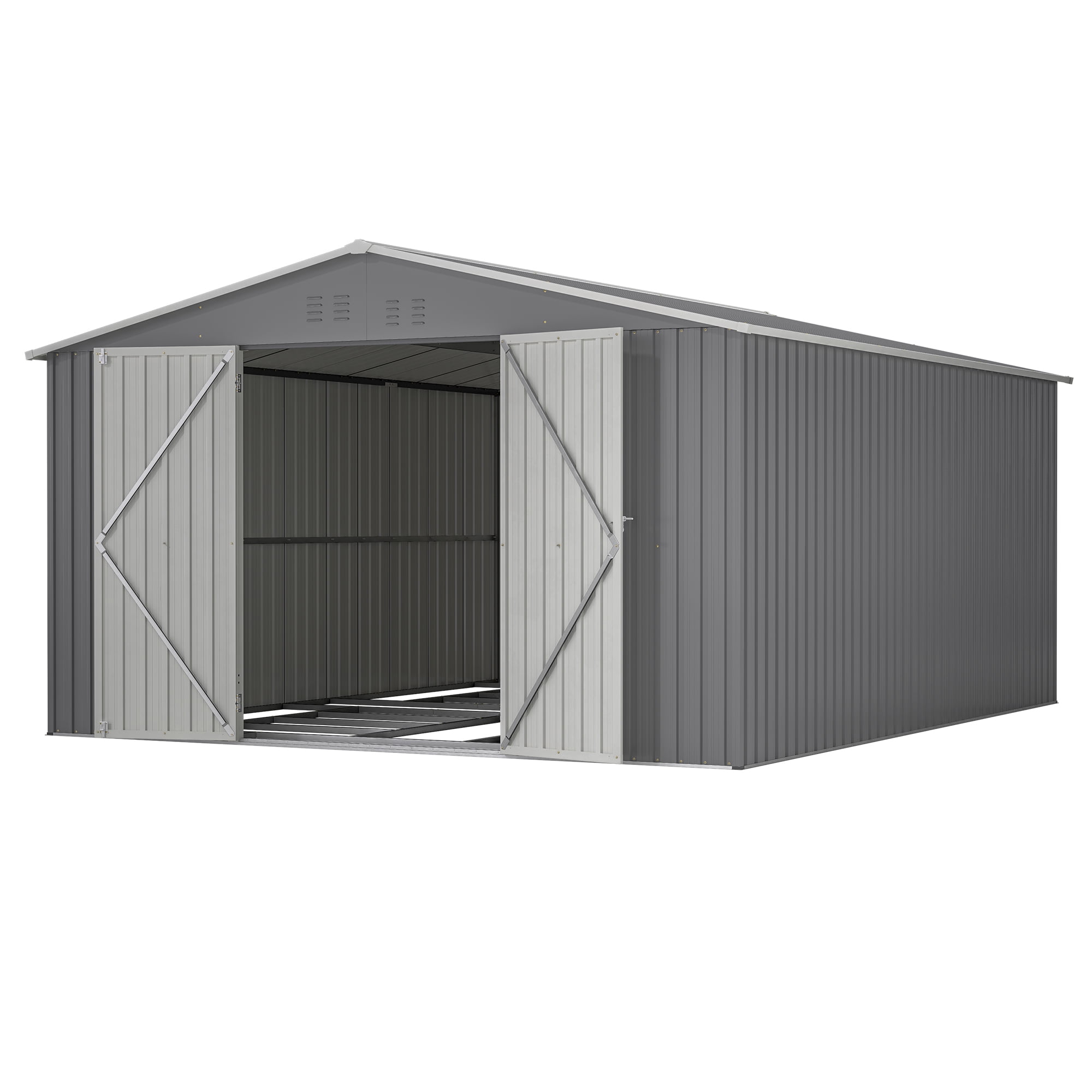 LZBEITEM Outdoor Storage Metal Shed, Galvanized Steel Garden Tool House with Floor Frame Kit and Lockable Doors (Gray, 11 x 13 ft) rda6a
