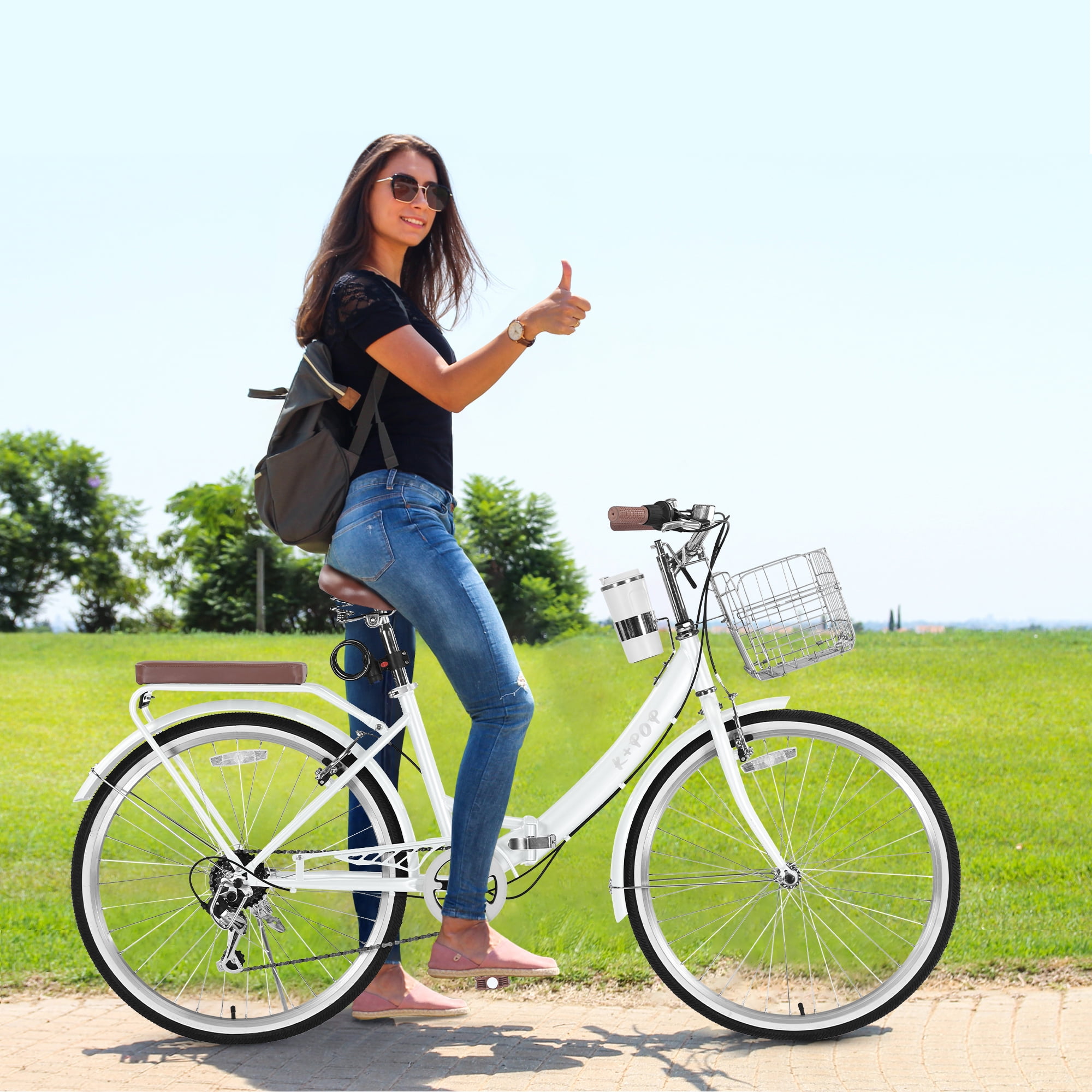 Bstjewey Folding Beach Cruiser Bicycle for Women, 7-Speed Commuter Bike (White, 26 in) azp2c