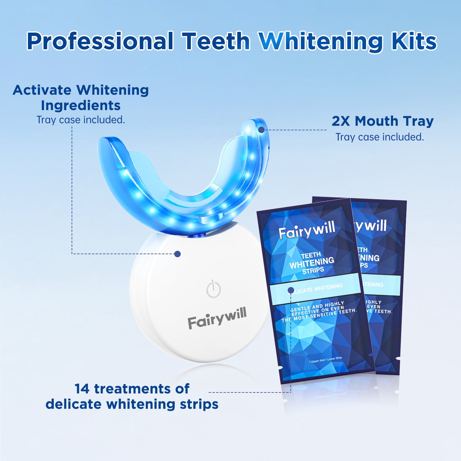 Fairywill LED Teeth Whitening Strips Kit with Blue Light Accelerator (White, 28 Strips) 95cho