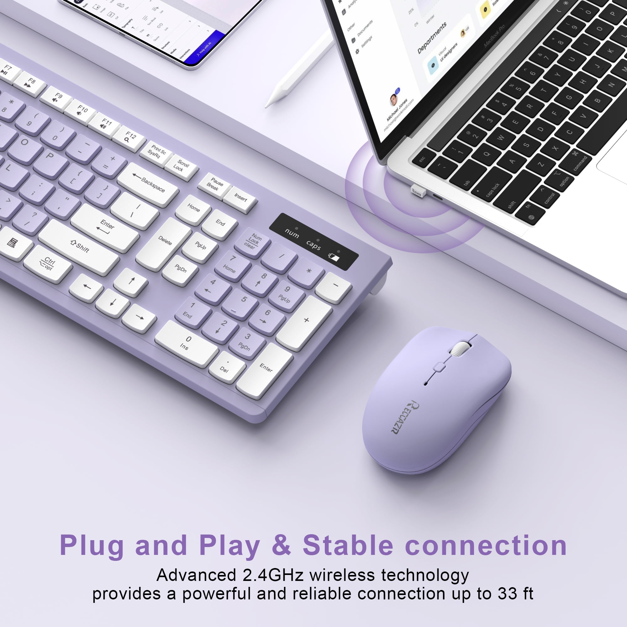 RECCAZR Wireless Keyboard and Mouse Combo, Full Size Ergonomic Desktop Set with Multimedia Keys (Purple, 1 Set) m2vha