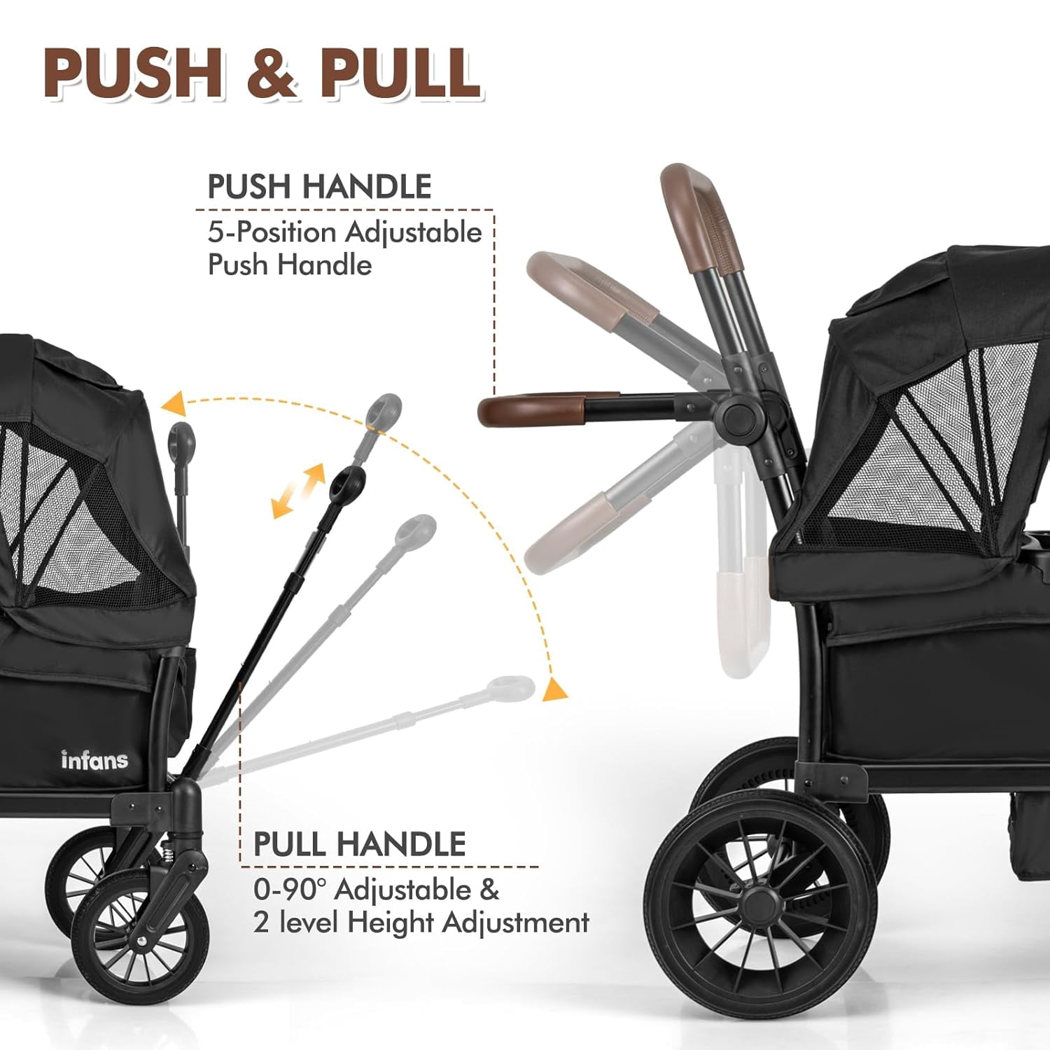 INFANS 2-Seater Wagon Stroller, Collapsible Double Stroller with Adjustable Canopy and Snack Tray (Black, 41 in x 22 in x 42 in) 0vei3