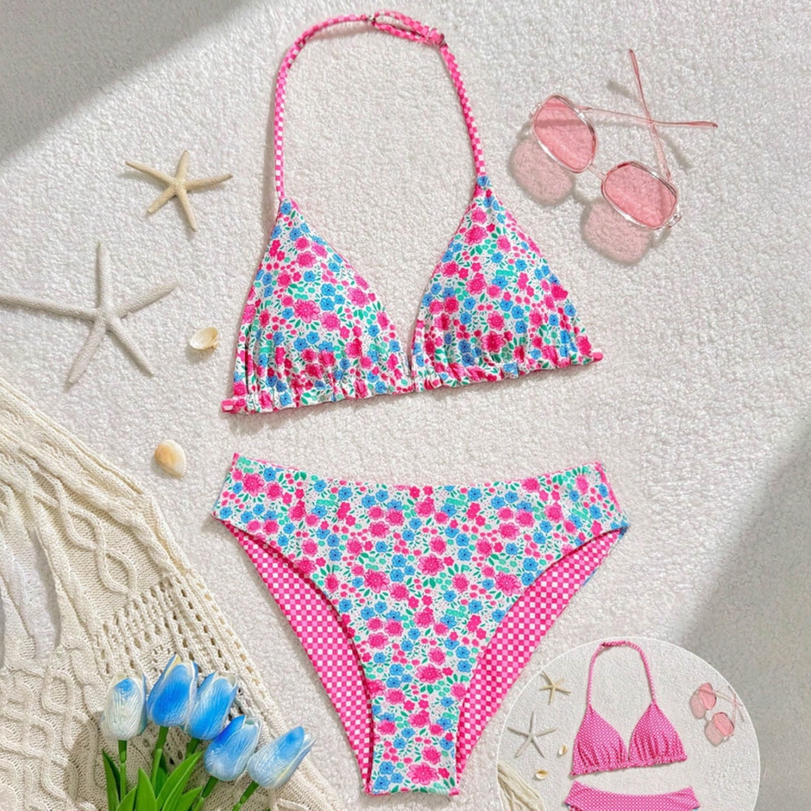 Nwiuh Girls Bikini Swimsuit Comfortable Summer Beach Swimwear (Pink, Size 11-12) ts1mi