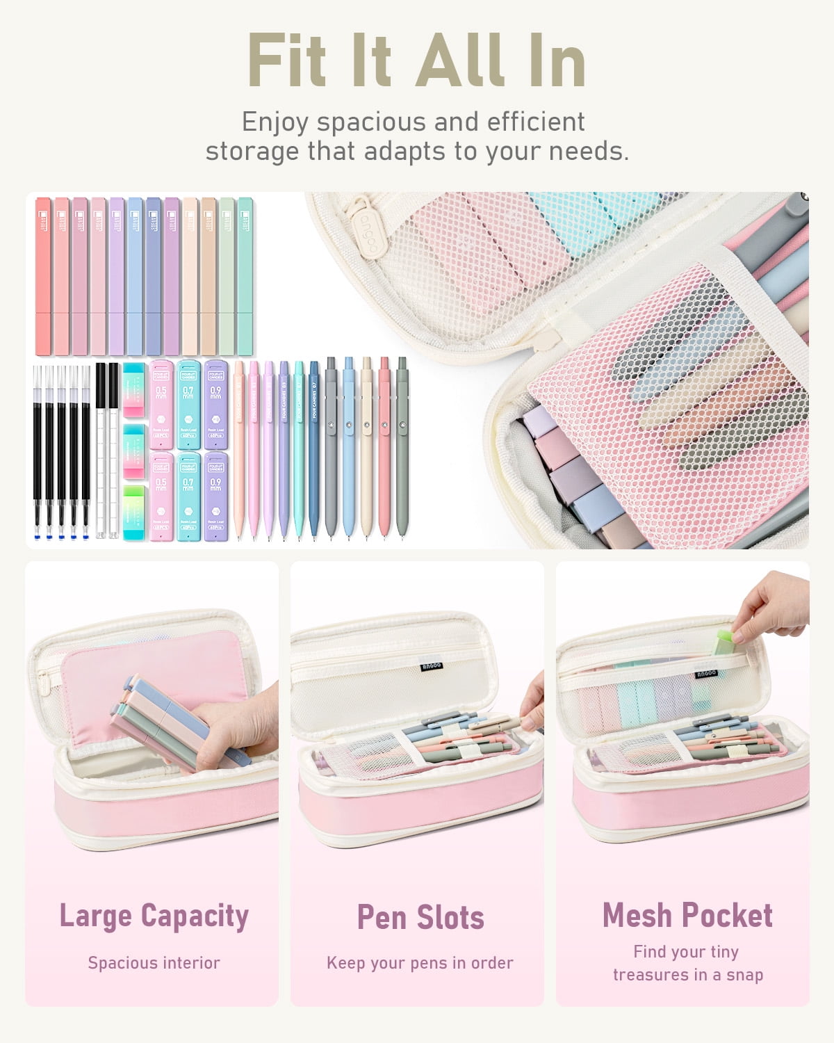 Four Candies Aesthetic Stationery Set with Pencil Case, Pastel Highlighters, Gel Pens, and Mechanical Pencils (Pink, 39 Piece Set) e4ql3