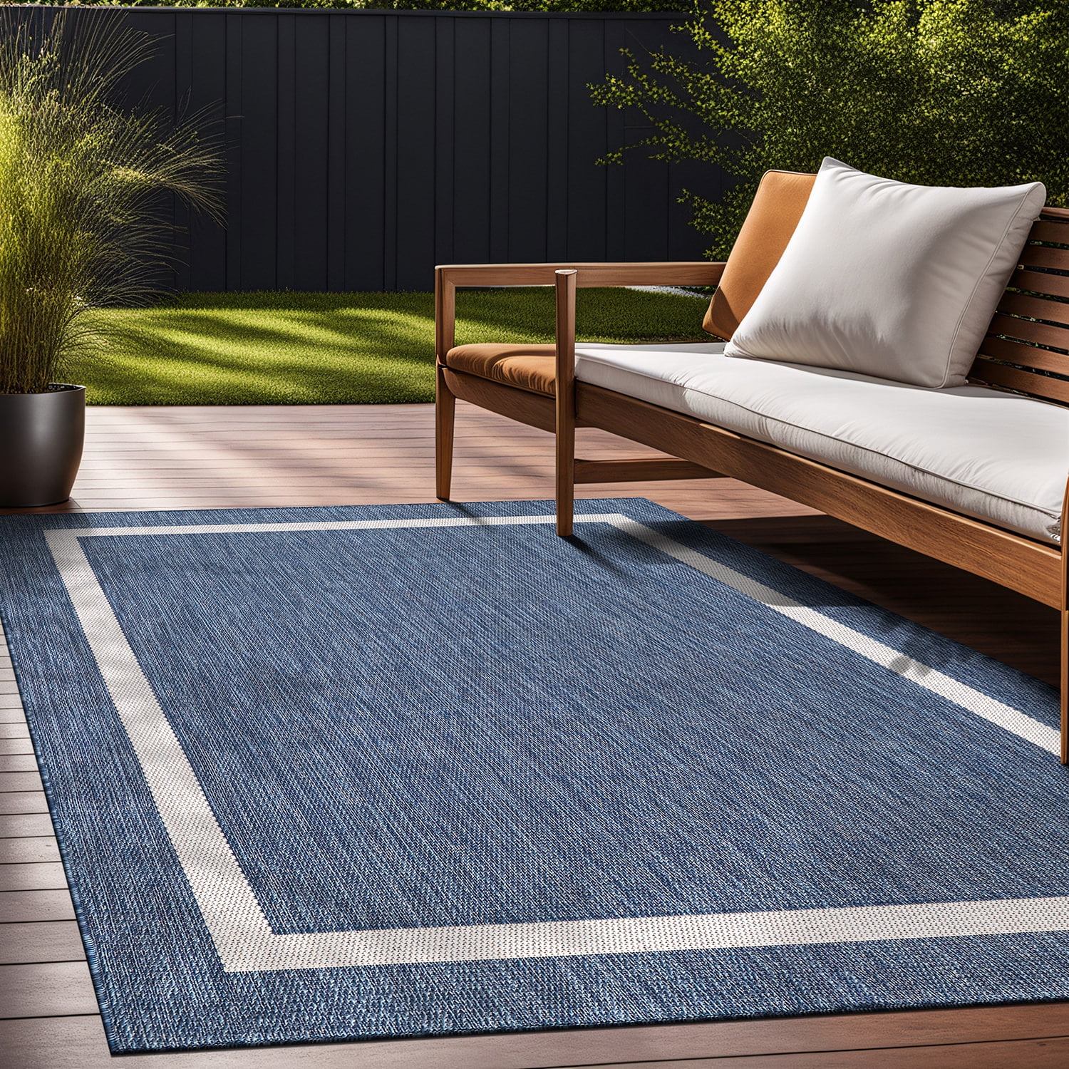 Beverly Rug Indoor/Outdoor Area Rug, Bordered Patio Porch Garden Carpet (Blue and White, 8 ft x 10 ft) 9ji9h