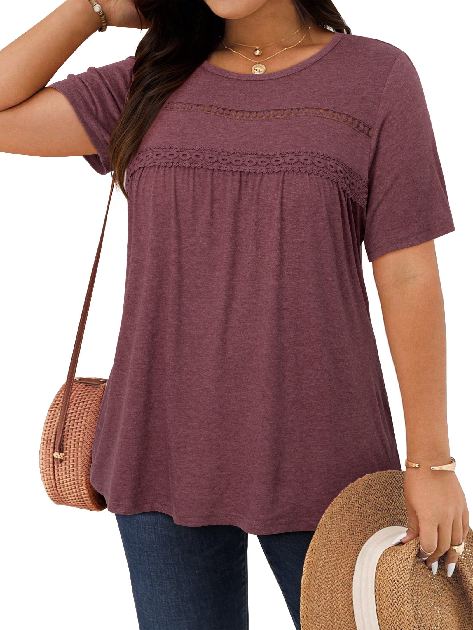 WellSize Women Plus Size Lace Tunic Blouse Casual Crew Neck Short Sleeve Summer Shirt (Brown, XXL) r1k85
