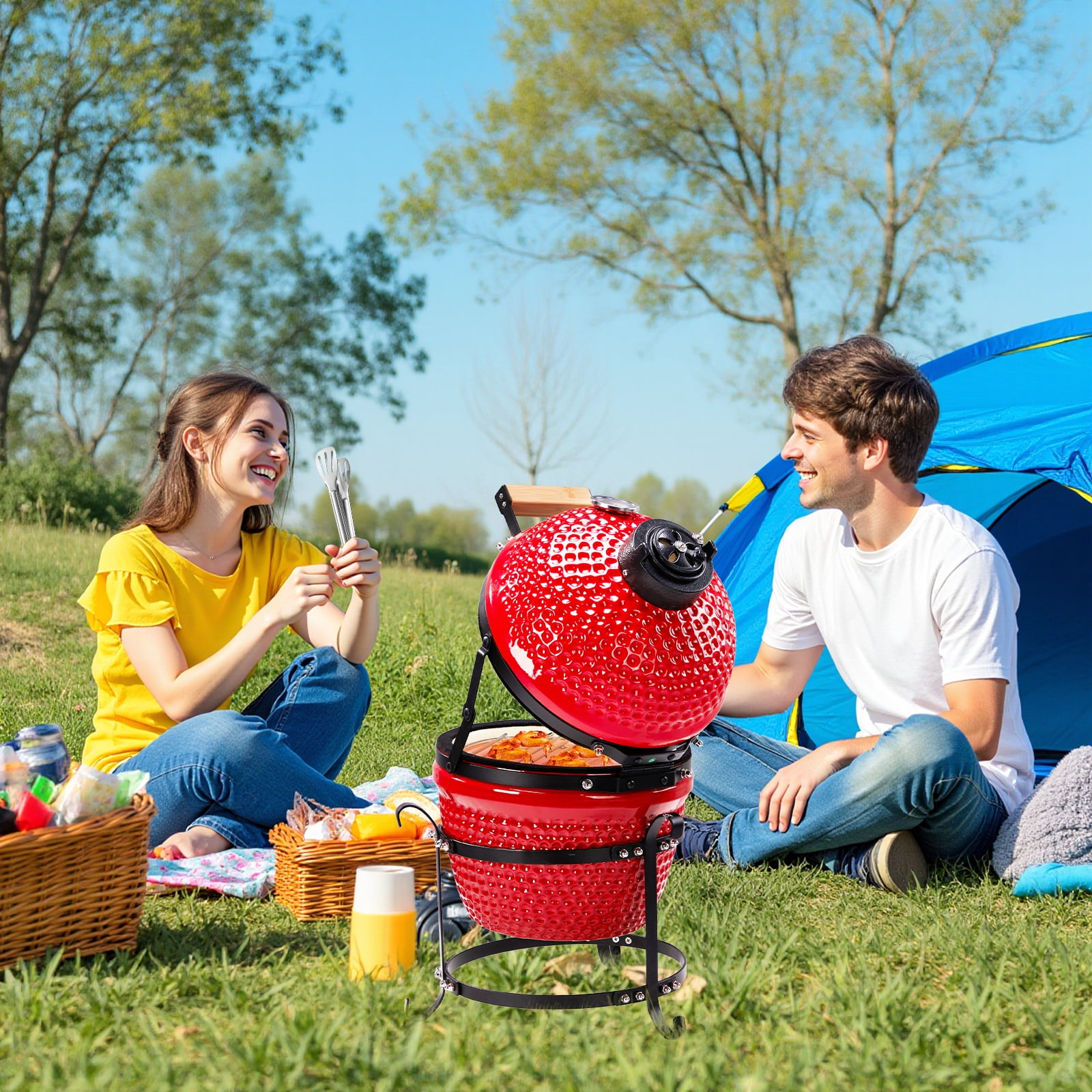 BAYUELSWU 13in Round Ceramic Charcoal Grill, Portable Kamado BBQ Smoker for Outdoor Cooking (Red, 13 in) ur8xx