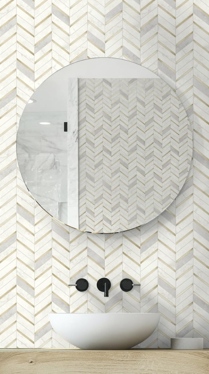 NextWall Metallic Gold & Pearl Gray Chevron Marble Tile Peel and Stick Wallpaper (Gold, 20.5 in. x 18 ft.) mrzf3