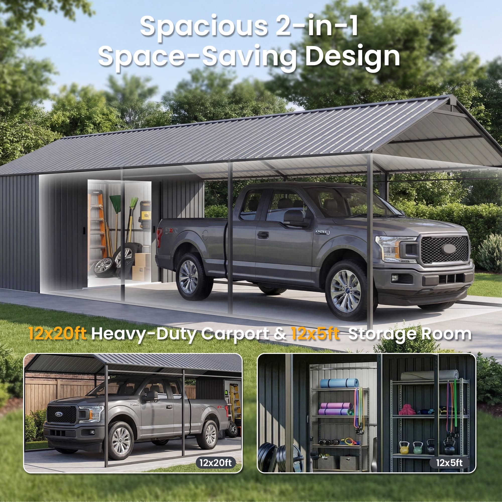 FOROUTIA Heavy-Duty Metal Carport with Integrated Storage Shed, All-Weather Outdoor Garage Shelter for Vehicles and Equipment (Dark Gray, 12 ft x 25 ft) zr1rq