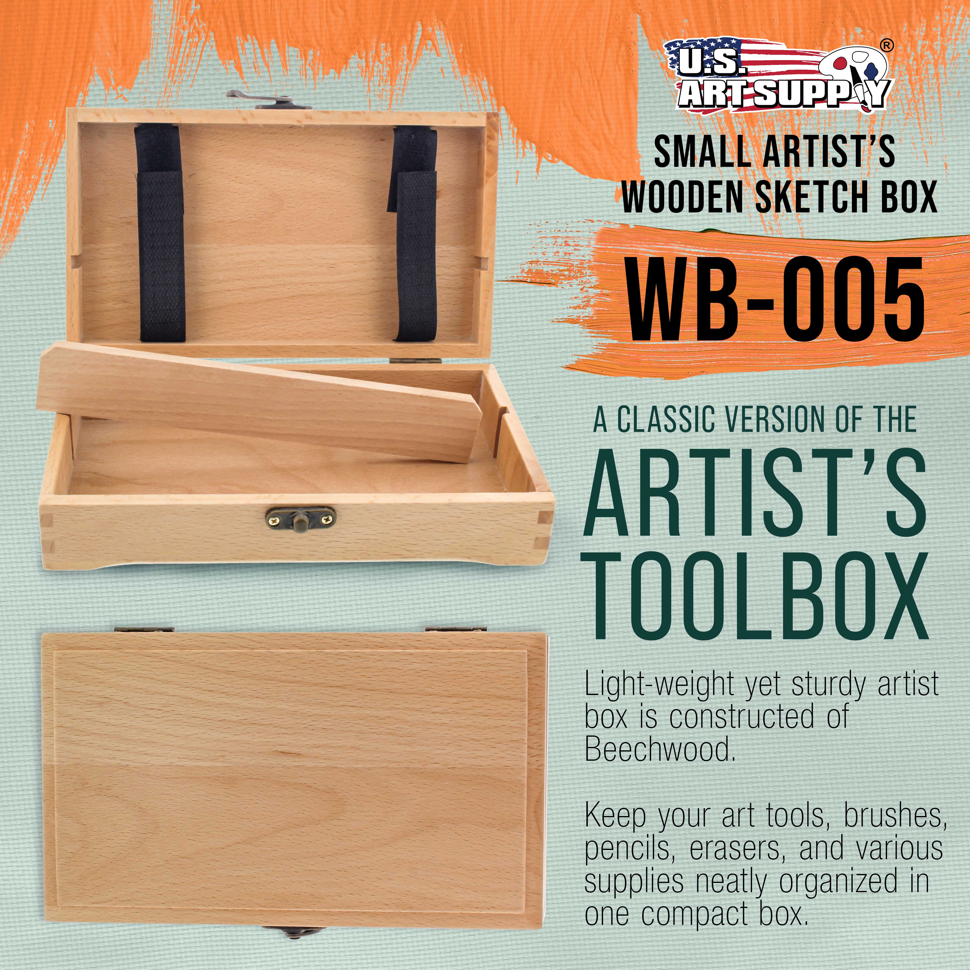 U.S. Art Supply Artist Tool and Brush Storage Box, Durable Beechwood Organizer with Locking Clasps (Beige, 8 in x 4.5 in x 2 in) bmf92