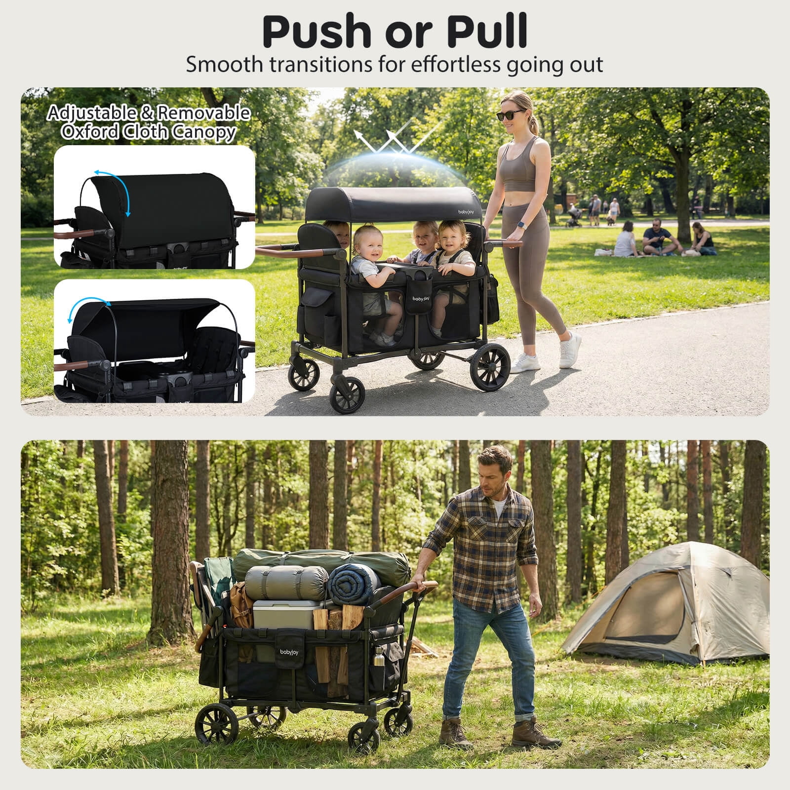 Costway 4-Seater Wagon Stroller, Foldable Push-Pull Toddler Stroller with Removable Canopy (Black, 4-Seater) 0d9fk
