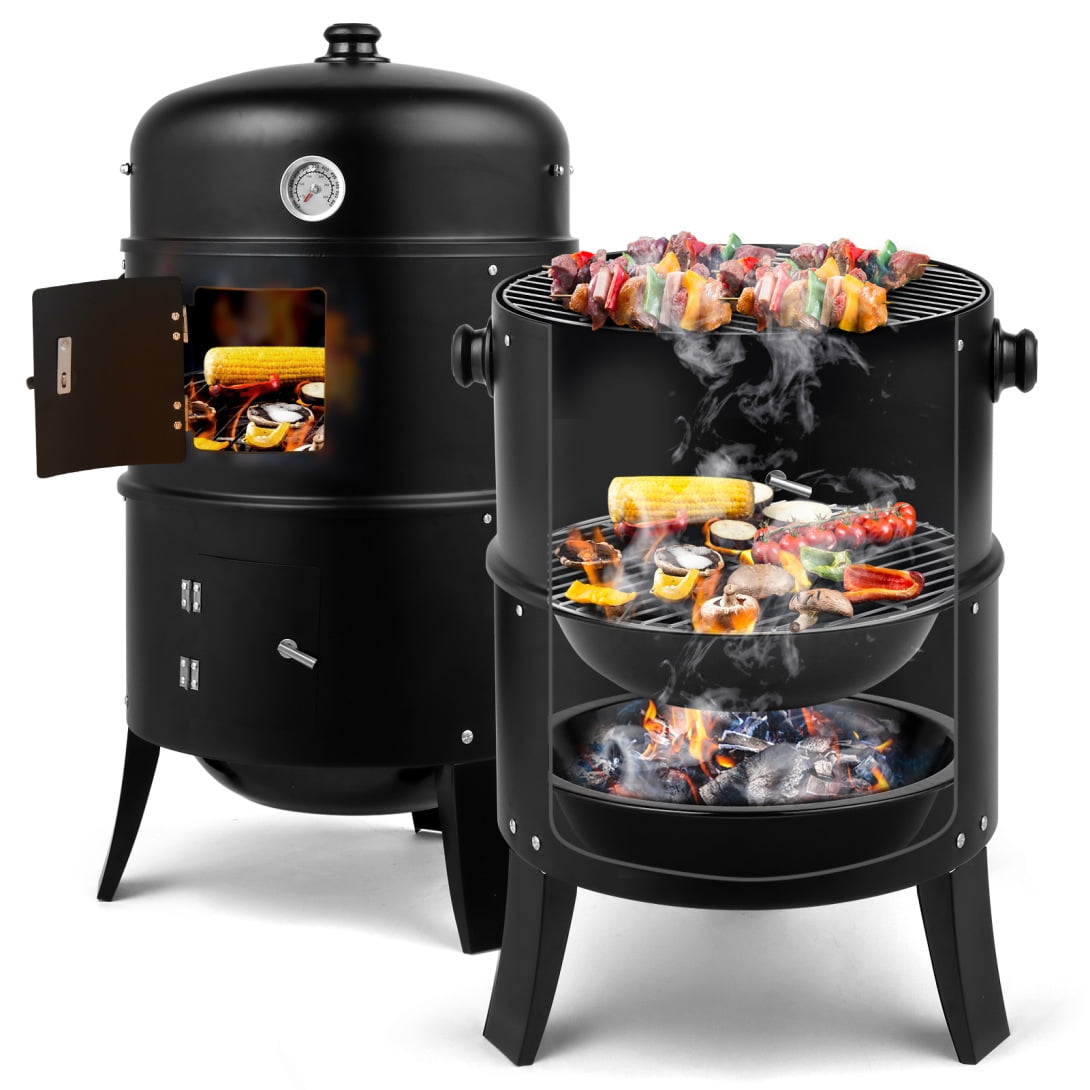 JAMPOOCA 31 in Steel Charcoal Smoker, Heavy Duty Round BBQ Grill with Adjustable Vent System (Black, 31 in) j7yyx