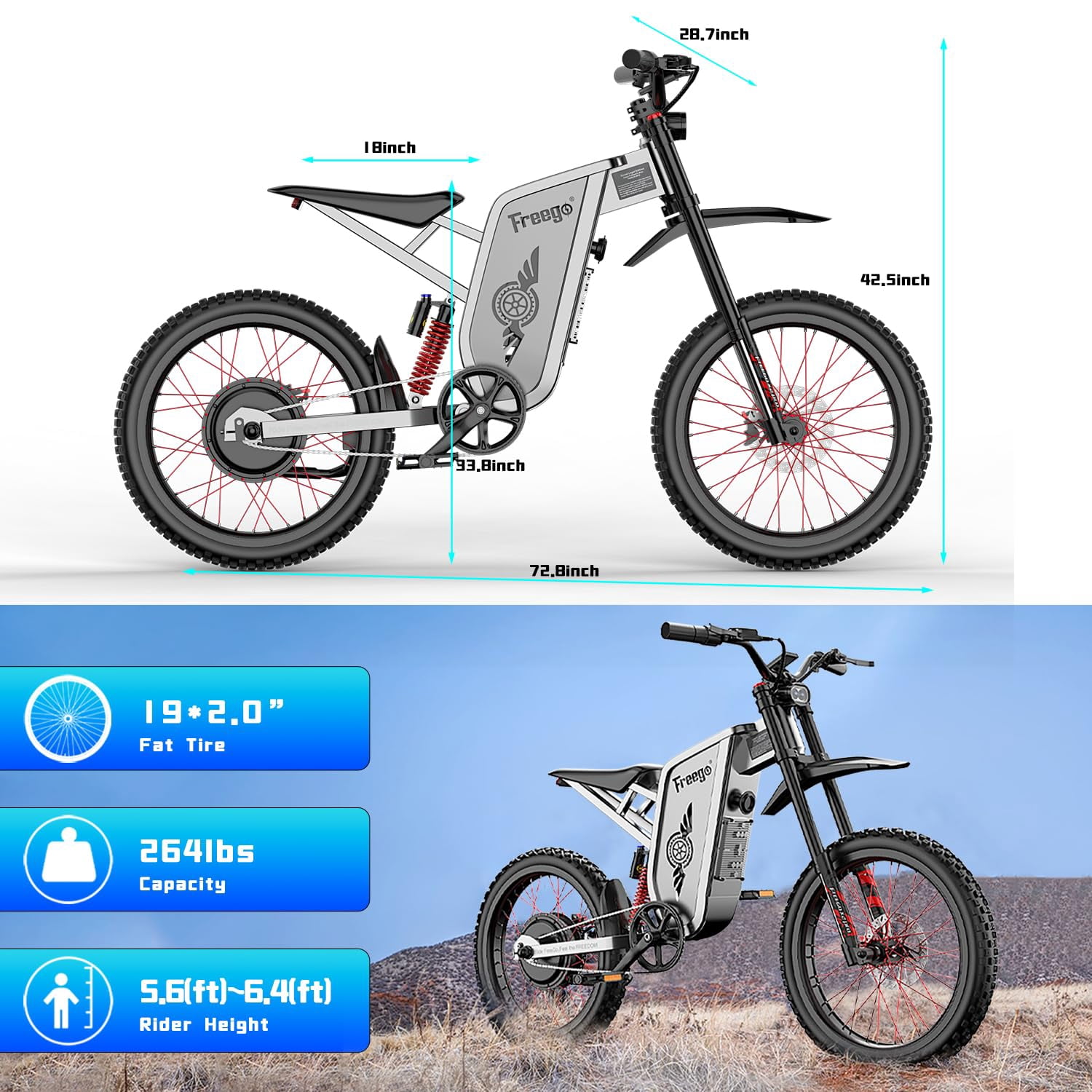 FreeGo X2 Pro Electric Dirt Bike (6000W Motor, 60V 30Ah Battery, 50 MPH, 80 Mile Range) phbmm