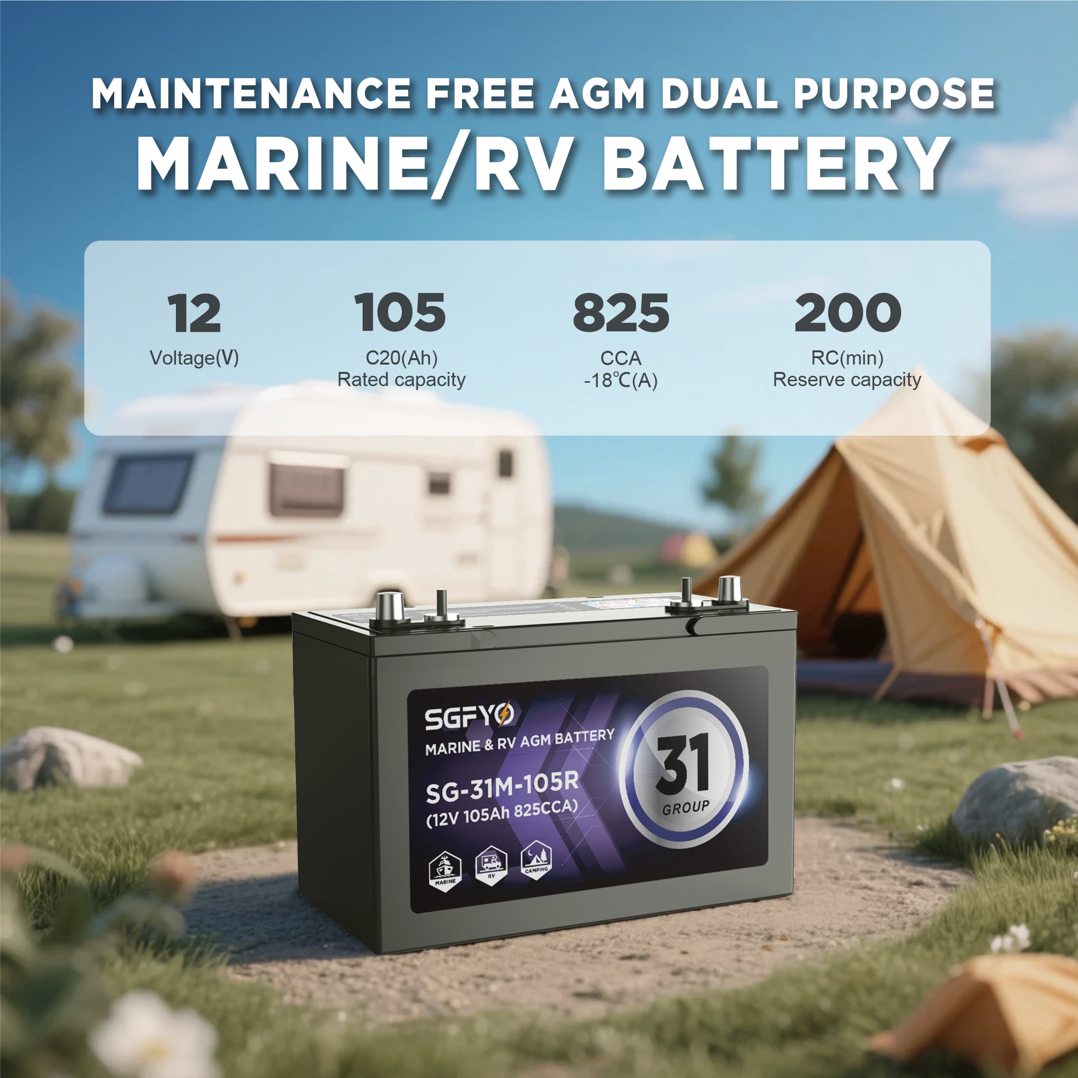 SGFYO Group Size 31M Dual Purpose AGM Battery for Marine and RV (12V 105Ah 825CCA) sy8nd