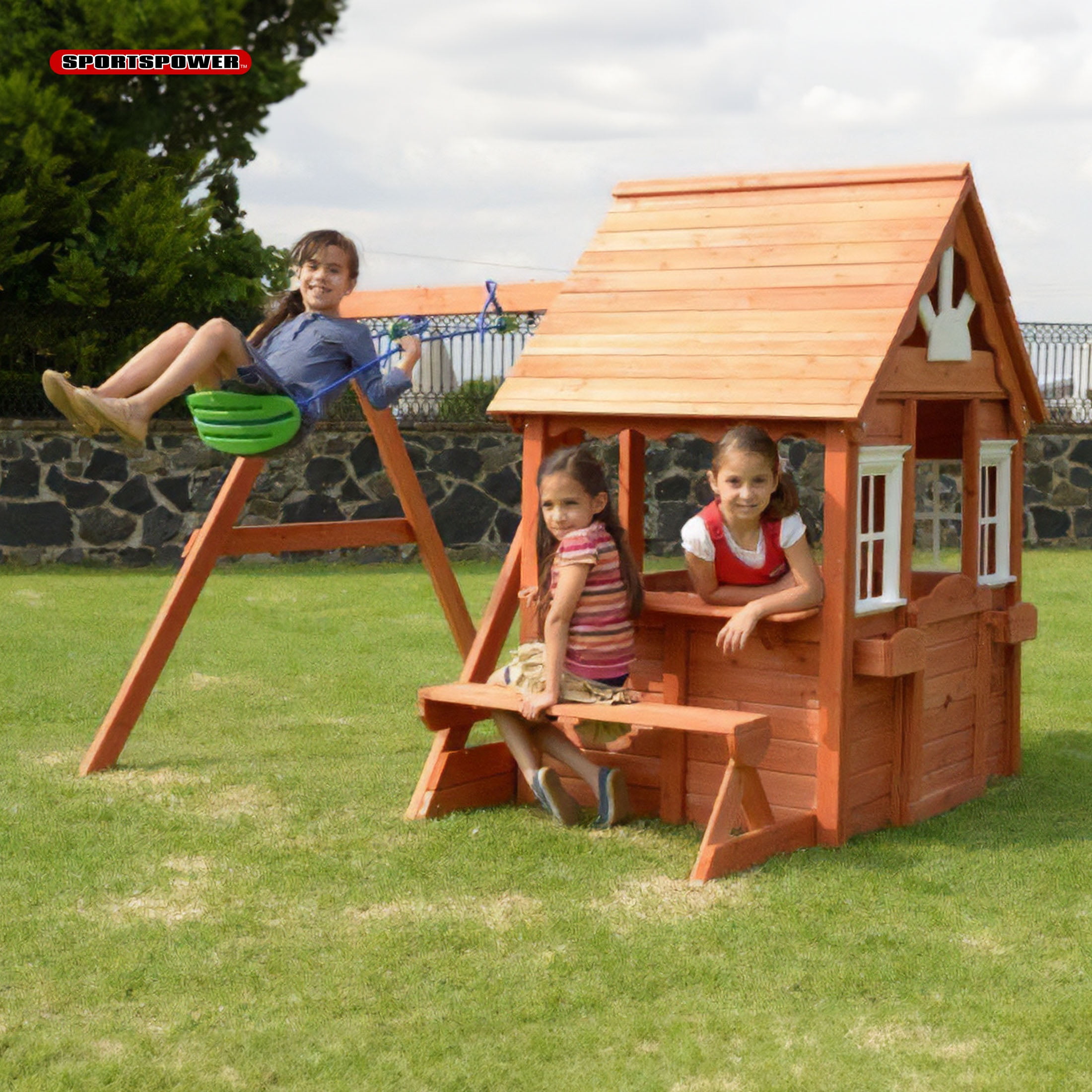 Sportspower Wooden Swing and Playhouse Set with Bench (Brown, 99 in x 82.5 in x 65.5 in) dlabq