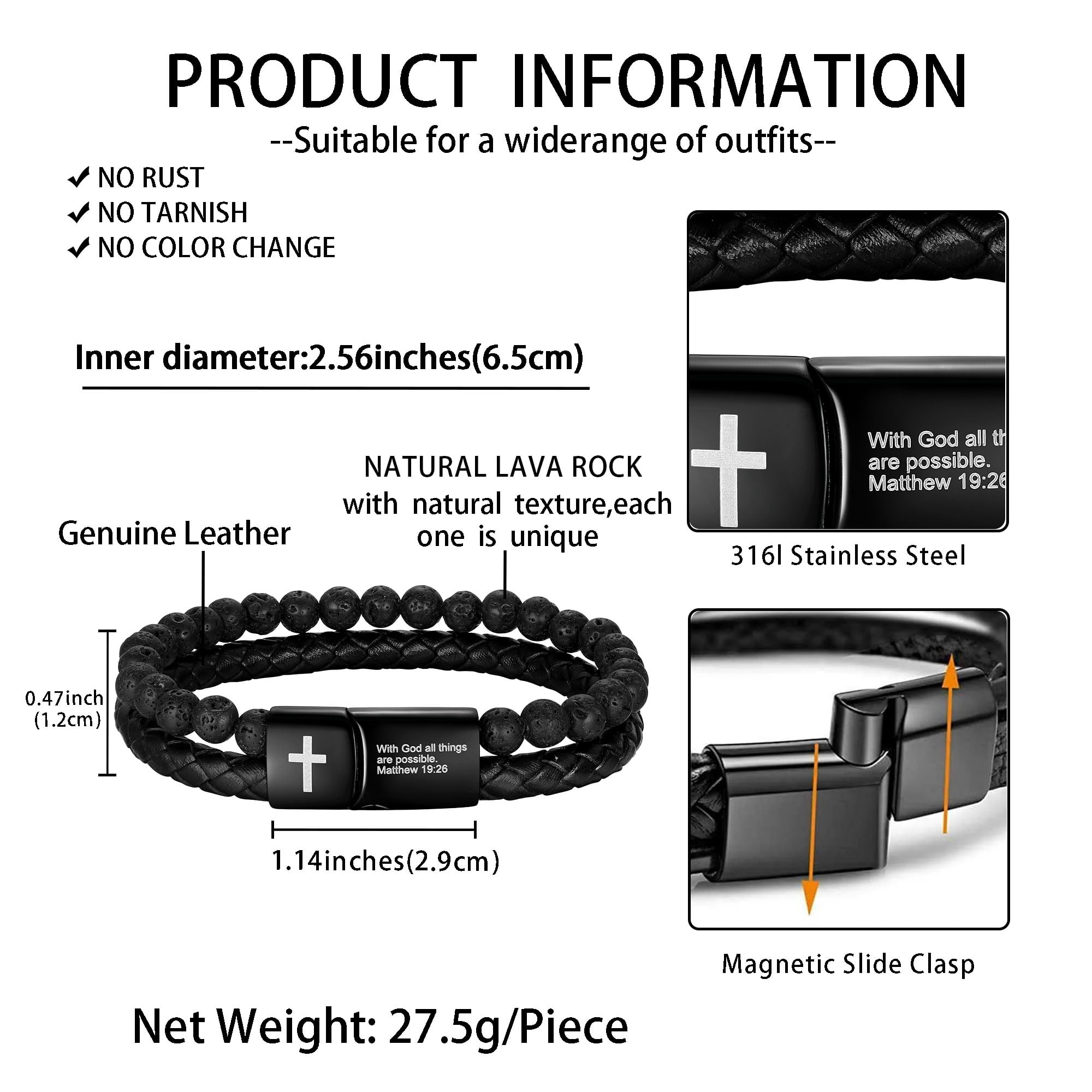 Jewmon Men's Inspirational Bible Verse Bracelet, Lava Rock and Braided Leather Cuff with Magnetic Clasp (Black, 8.5 in) k43q5