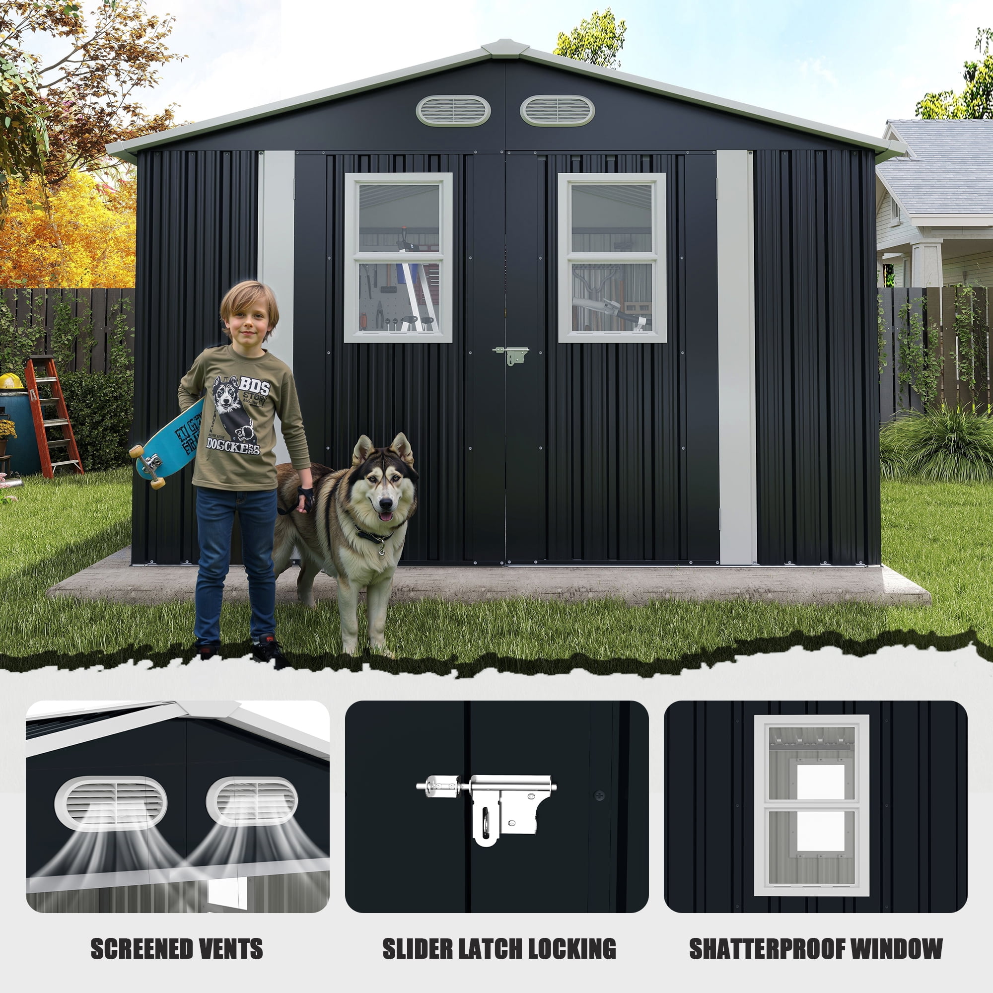 Olurrisa Outdoor Storage Shed, Metal Garden Tool Shed with 4 Windows and Lockable Door (Dark Gray, 8 ft x 8 ft) 3yi8b