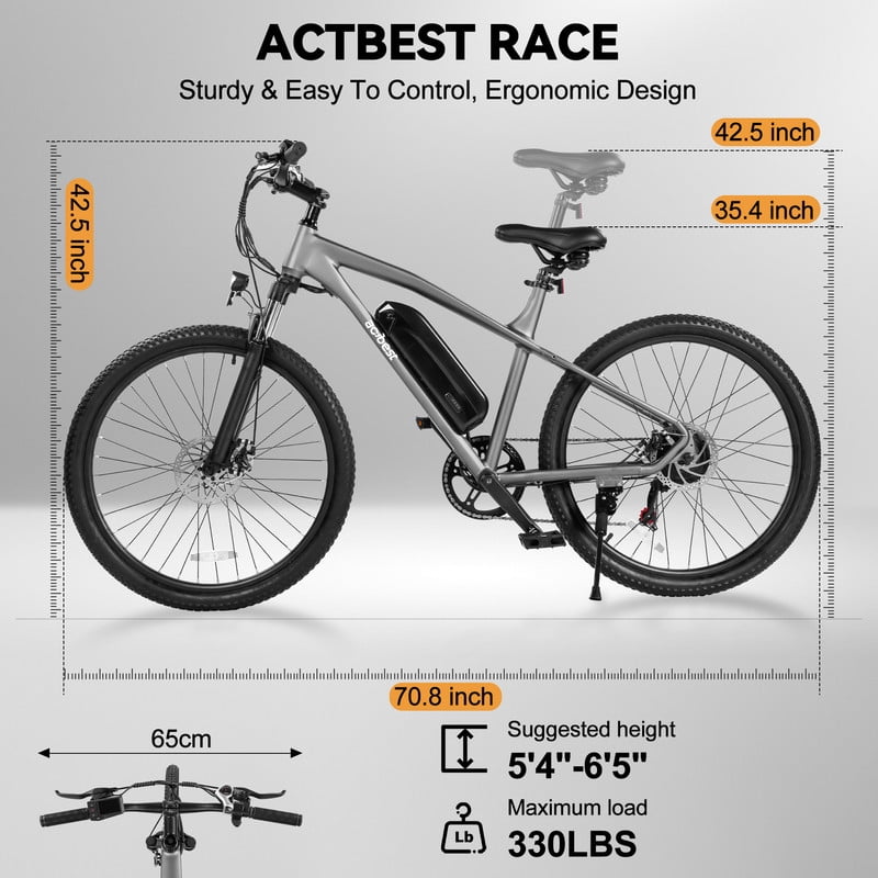 ActBest Electric Mountain Bike for Adults, 1200W Brushless Motor, 21-Speed E-Bike with Fork Suspension (Grey, 27.5 in) xtt69