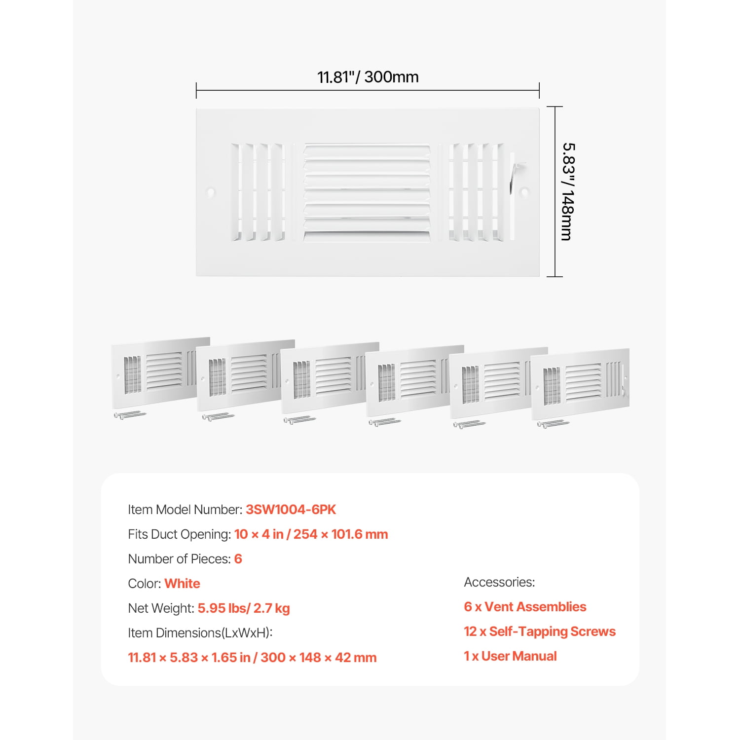 KFFKFF HVAC Wall Register Vent Covers, Triple-Direction Air Flow Diverter with Metal Regulator (White, 4 in x 10 in, 6-Pack) ni9zn