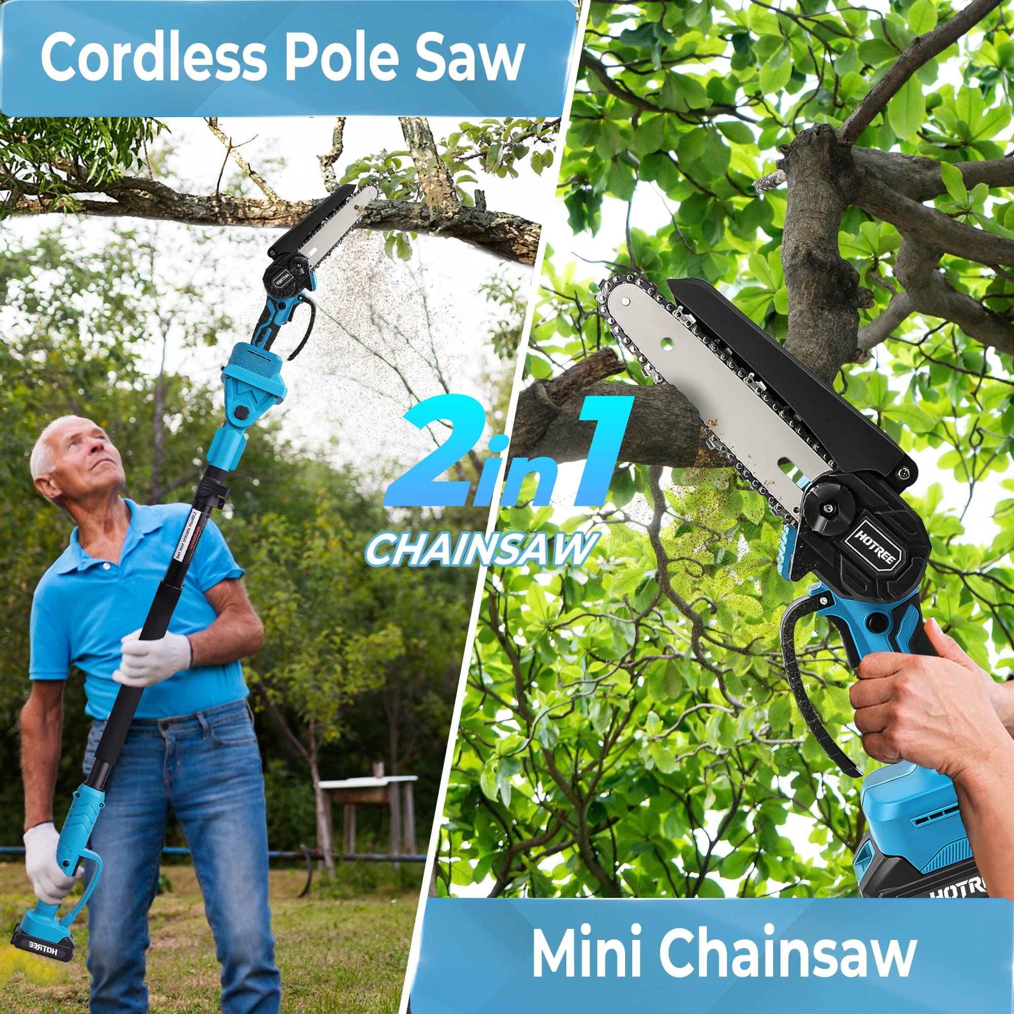 HOTREE 2-in-1 Cordless Pole Saw, 6-inch Mini Chainsaw with Adjustable Extension Pole (Blue, 15 ft Reach) lfu1u