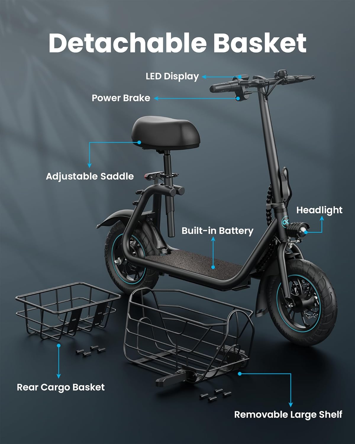 GYROOR Electric Scooter for Adults with Pet Basket, 550W Motor, 19 MPH, 20 Mile Range, Foldable Commuter E-Scooter with Seat (Black) 3xv89