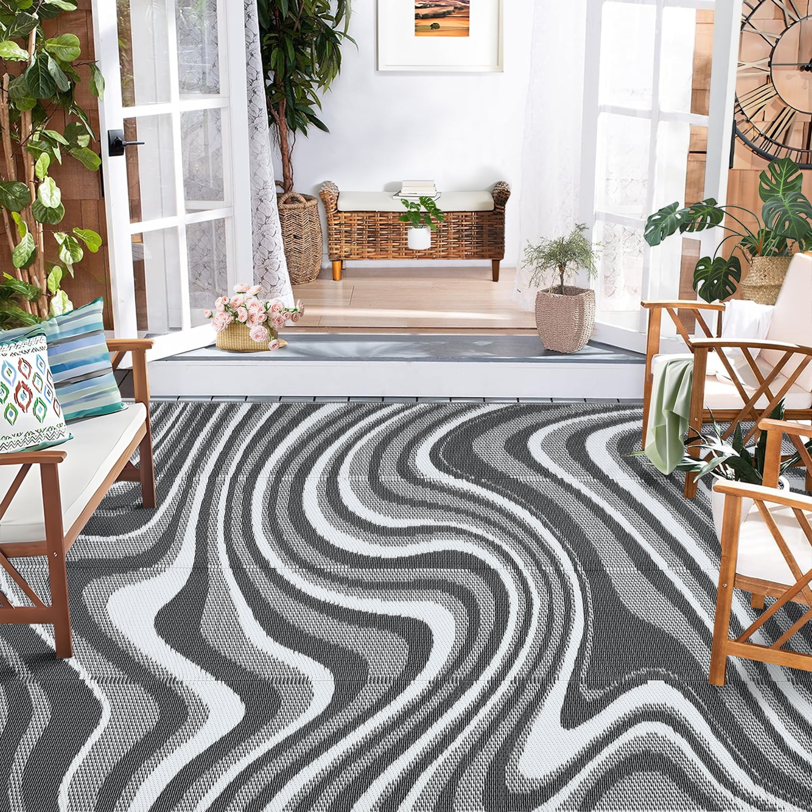 GIMMYFIVE Reversible Plastic Straw Indoor Outdoor Rug, Waterproof Patio Mat for Camping and RV (Black, 5 ft x 8 ft) uli5l