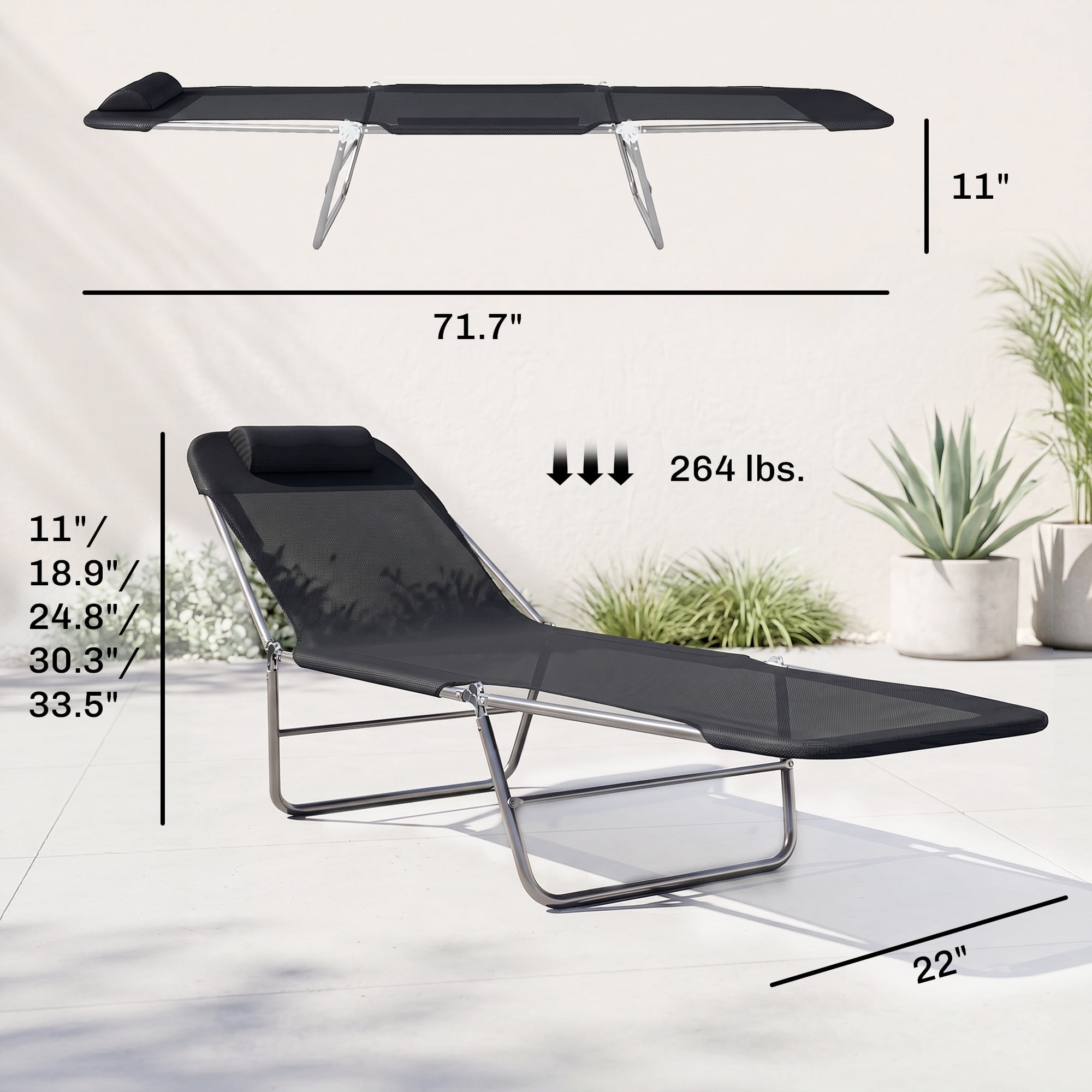 AMO Folding Chaise Lounge Pool Chair, Outdoor Reclining Sun Tanning Chair with Pillow and Steel Frame (Black, 72 in L x 22 in W) 986z2