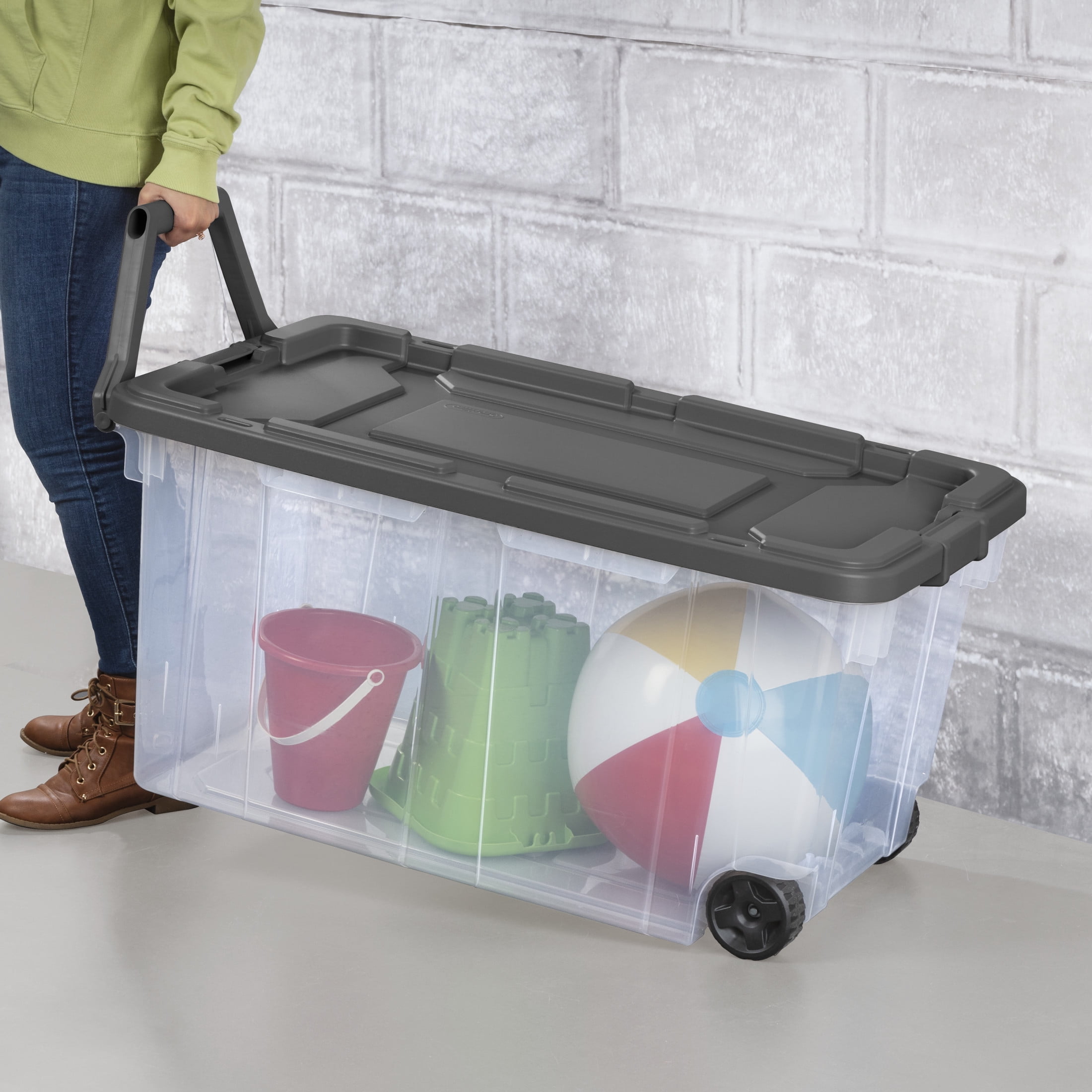 Sterilite 160 Quart Wheeled Storage Box, Extra Large Durable Plastic Bin with Latch Lid (Clear, 160 Quart) 1h5xi