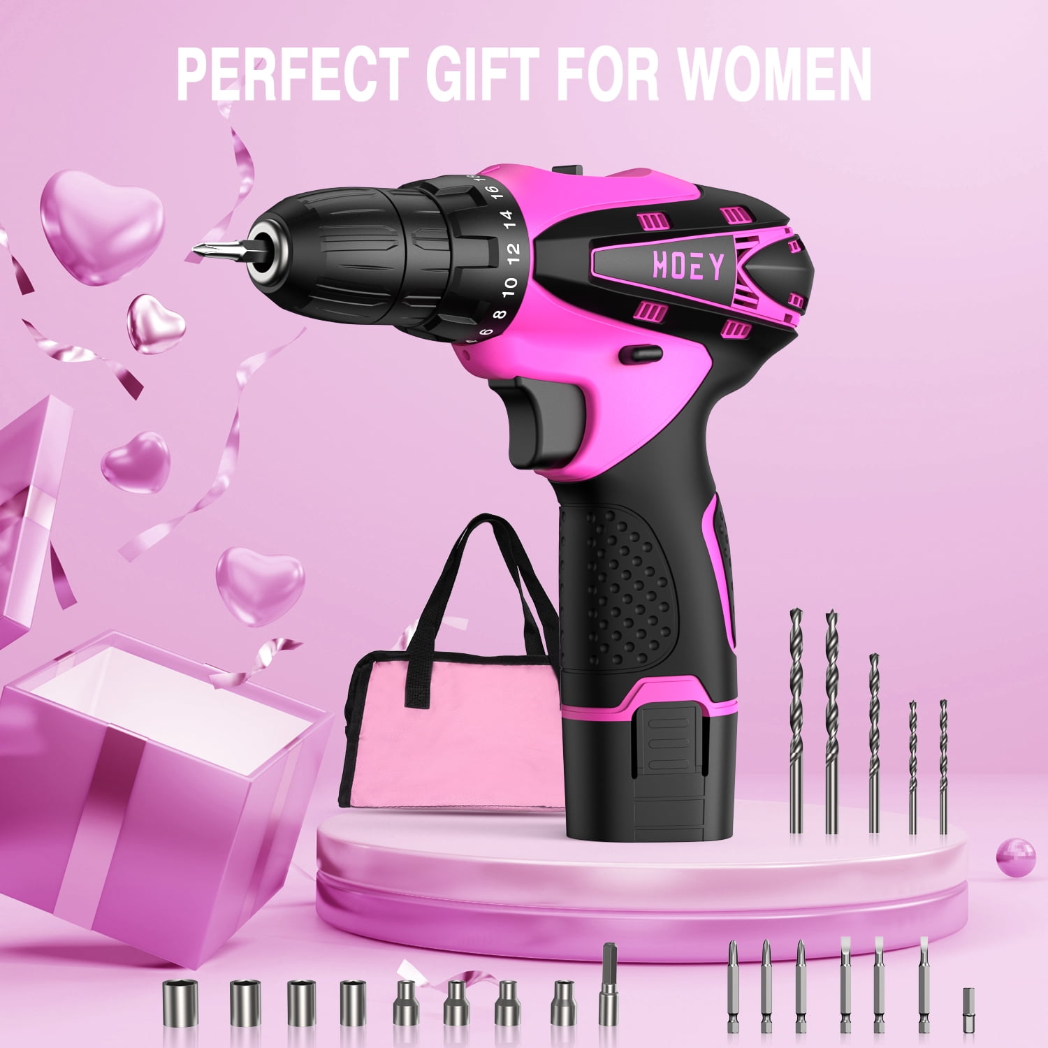Hoey Cordless Drill Set, 12V Power Drill Electric Screwdriver Kit with 22 Pcs Accessories (Pink, 3/8 in Chuck) 482z7