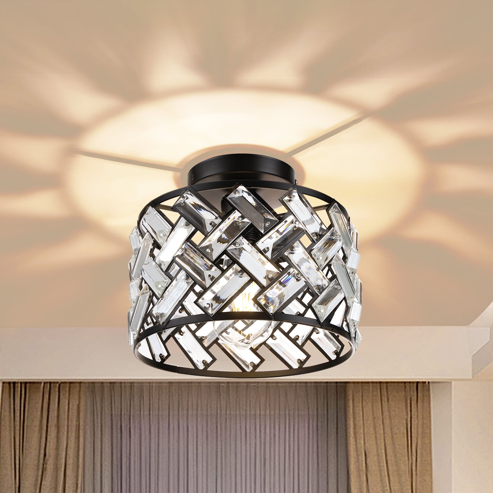 FRIDEKO HOME Modern Crystal Semi Flush Mount Ceiling Light, Black Metal Drum Fixture for Hallway and Bathroom (8.86 in) 1f0g1