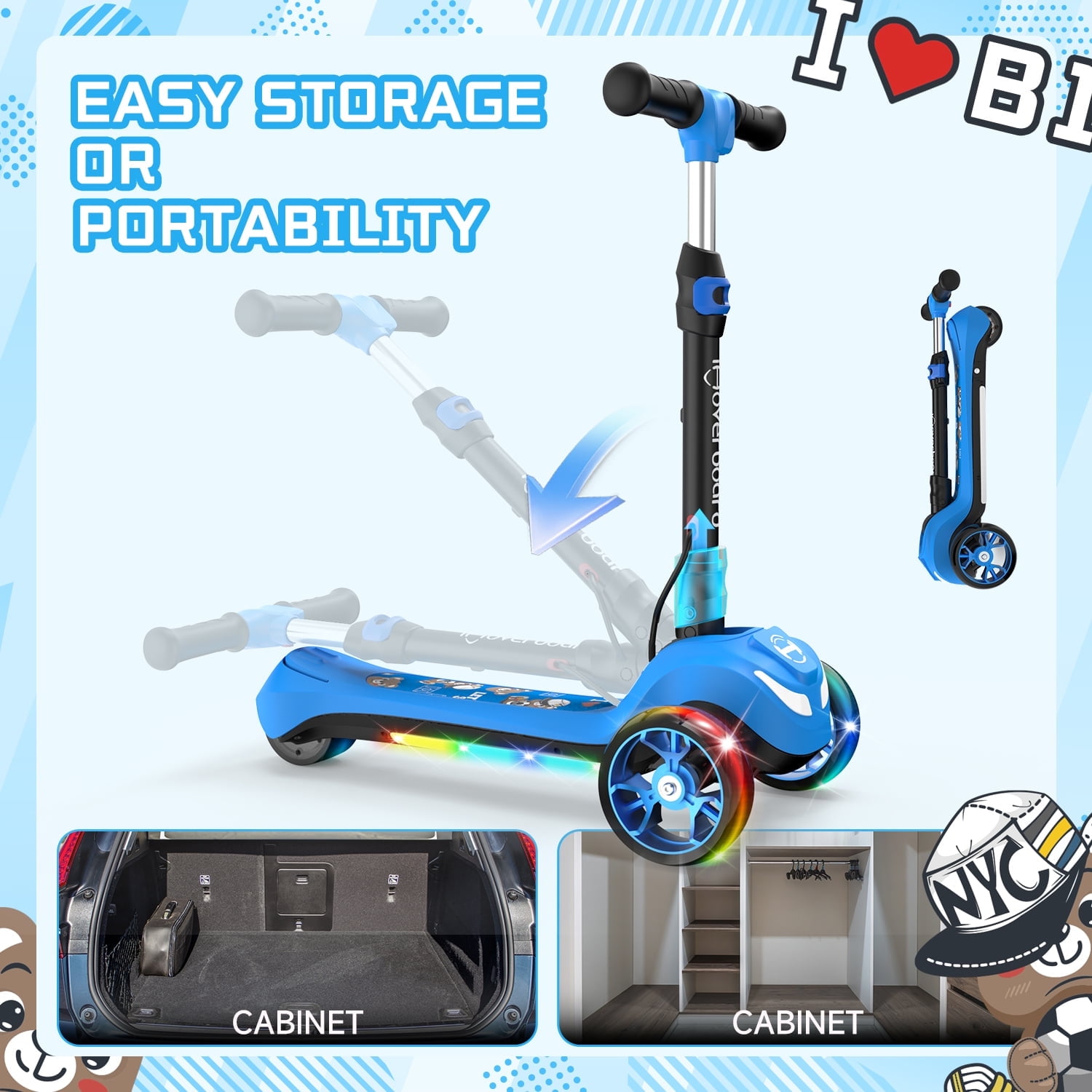 Rolldustry Electric Scooter for Kids, Foldable 3-Wheel Ride-On with LED Lights and Adjustable Handlebar (Blue, 110 lb Capacity) ye9w7