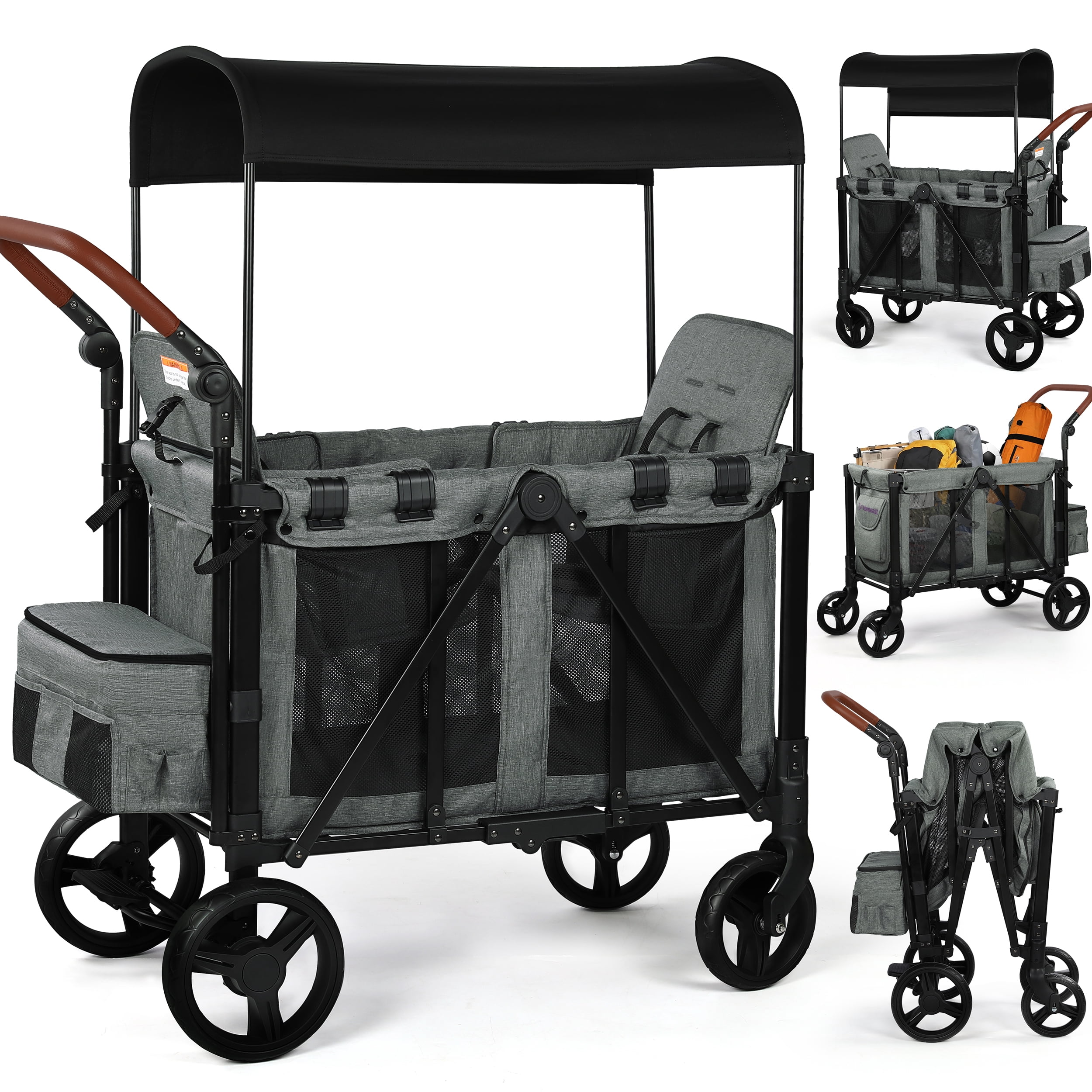 Vomeast 3-in-1 Wagon Stroller for 2 Kids, Outdoor Baby Stroller with Canopy and 5-Point Harness (Grey, 200 lb Capacity) 3b7gc
