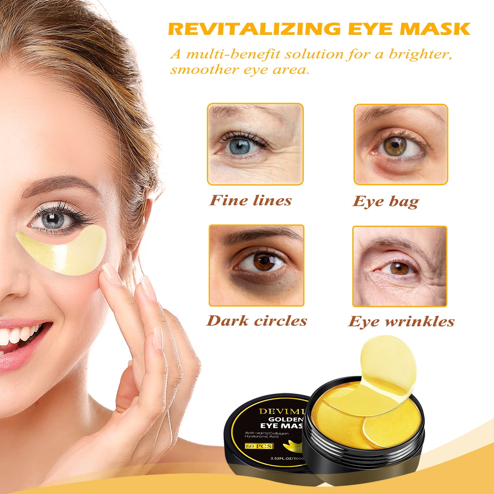 Devimic Golden Collagen Under Eye Masks for Dark Circles and Puffiness (Gold, 30 Pairs) o60cd