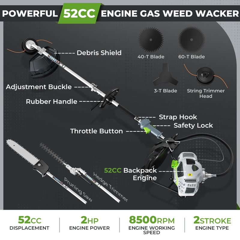 EAYSG 6-in-1 Gas-Powered Backpack Multifunctional Trimmer Set (Green, 52CC Engine) oyu39