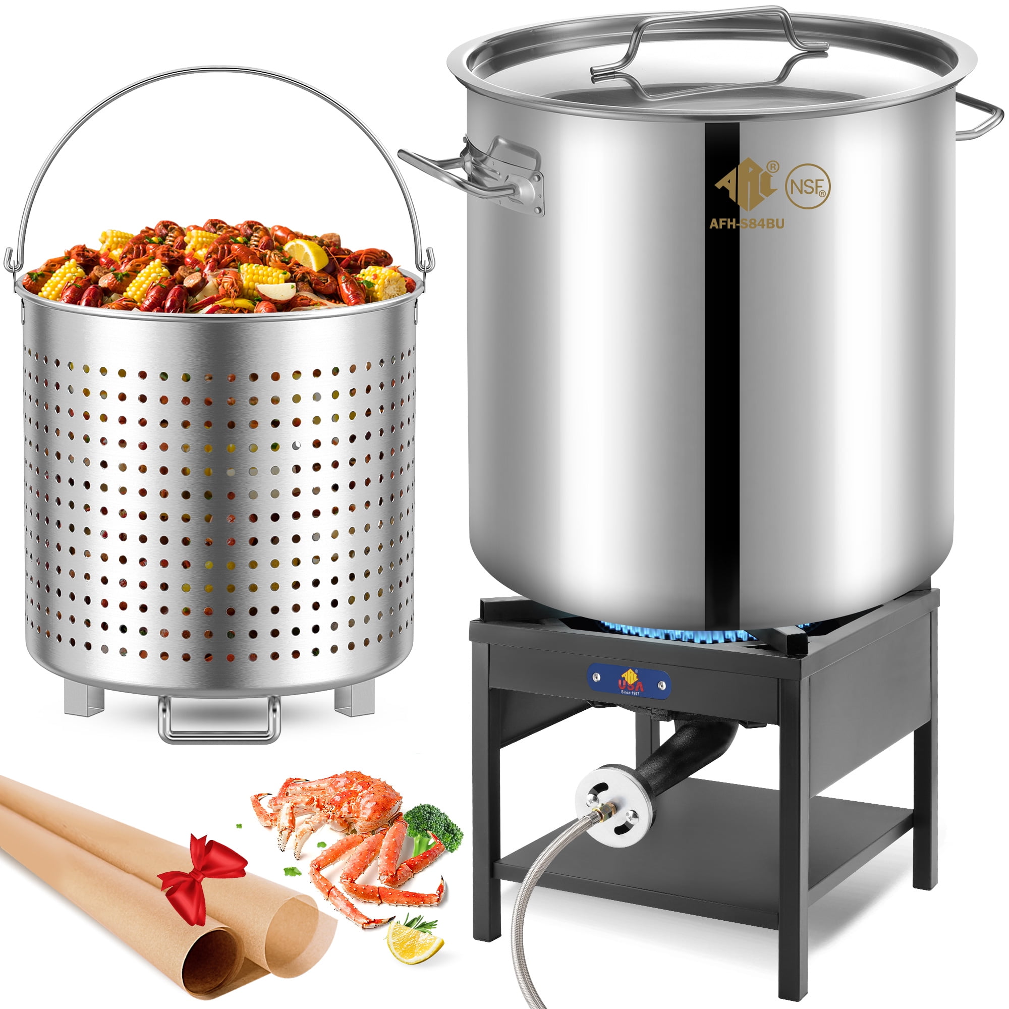 ARC USA 84QT Stainless Steel Seafood Boiling Kit with 200,000BTU Propane Burner and Strainer (Silver, 84QT) td0mz
