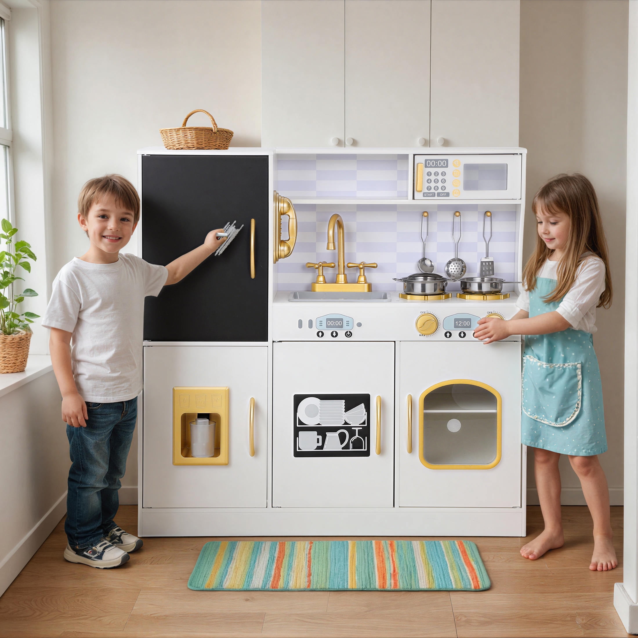 COCLUB Wooden Kids Play Kitchen Set with Chalkboard, Ice Maker, and Cookware Accessories (White, 33.07 in x 10.62 in x 31.5 in) zl9uh