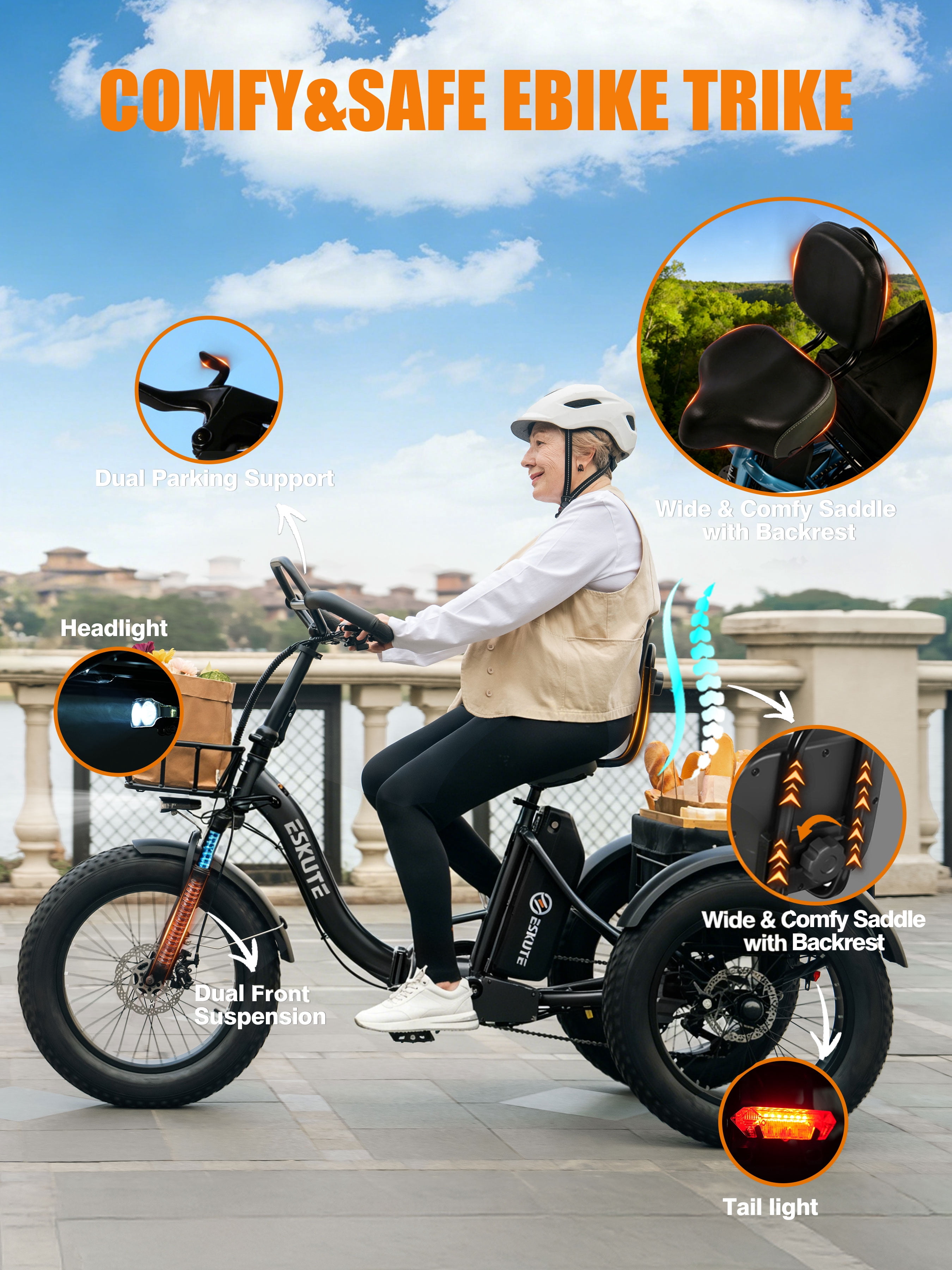 ESKUTE Foldable Electric Trike for Adults, 749W Motor, 998.4Wh Battery, 20 in x 4 in Fat Tires, Stable Three-Wheel Design (Black) 2j16u