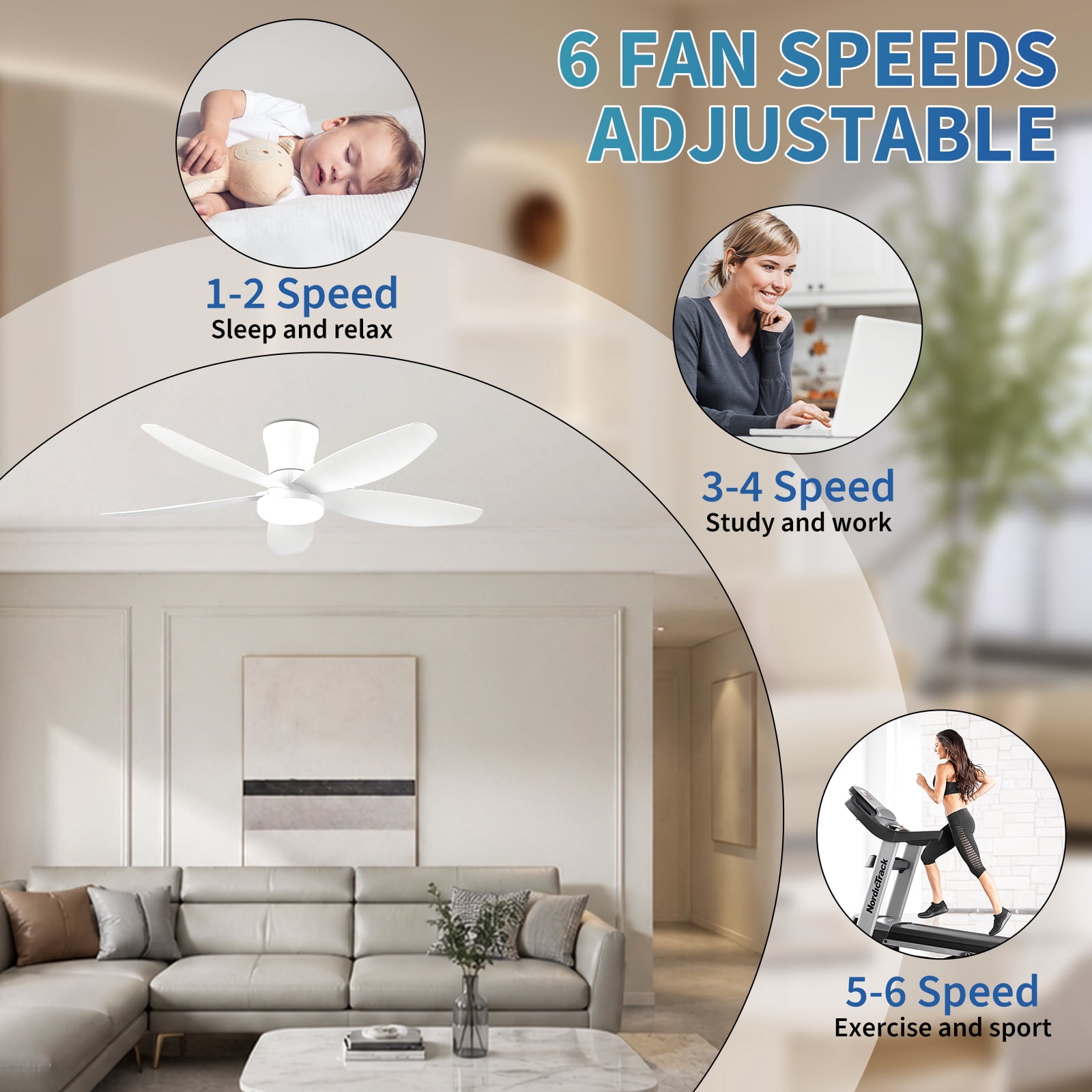 HAARAY 42 Inch Modern Ceiling Fan with LED Lights and Remote, Quiet DC Reversible Motor, 6 Speeds, 3 Color Temperatures (42 in) 28pu4