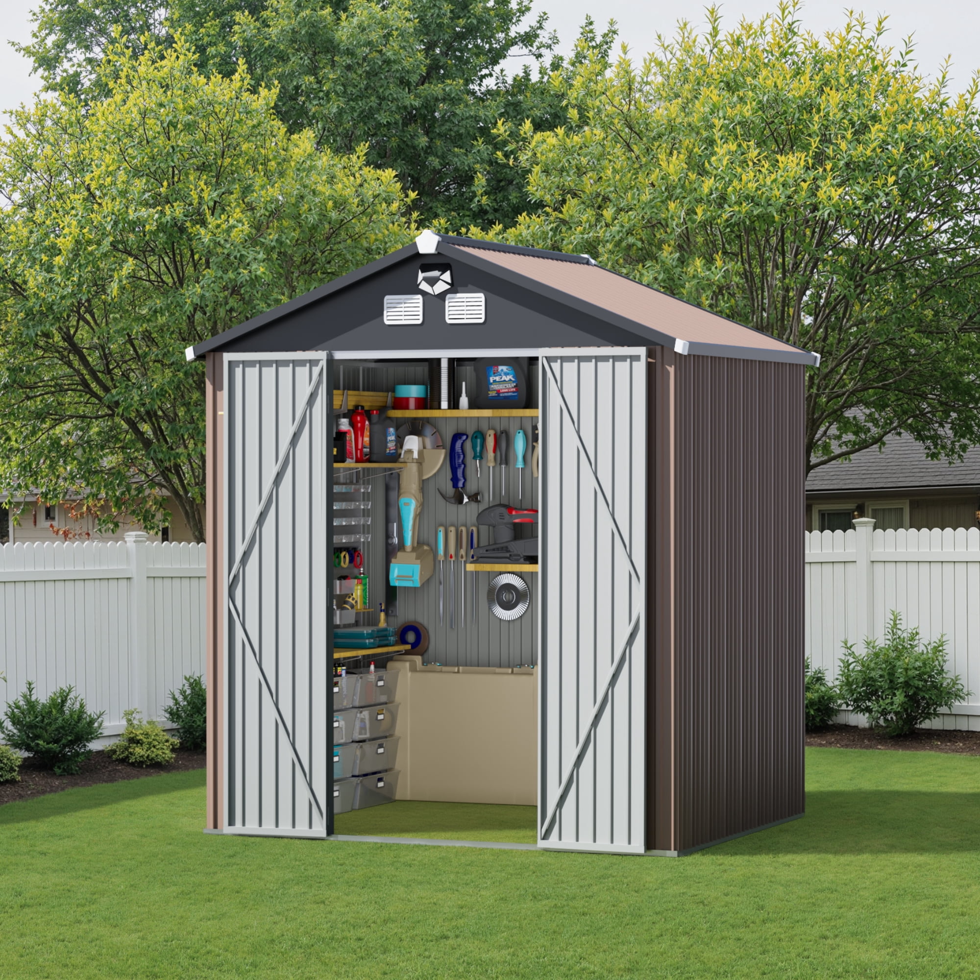 Licheers Outdoor Metal Tool Storage Shed with LED Light and Air Vents (Brown, 8 ft. W x 6 ft. D) 5yoq4