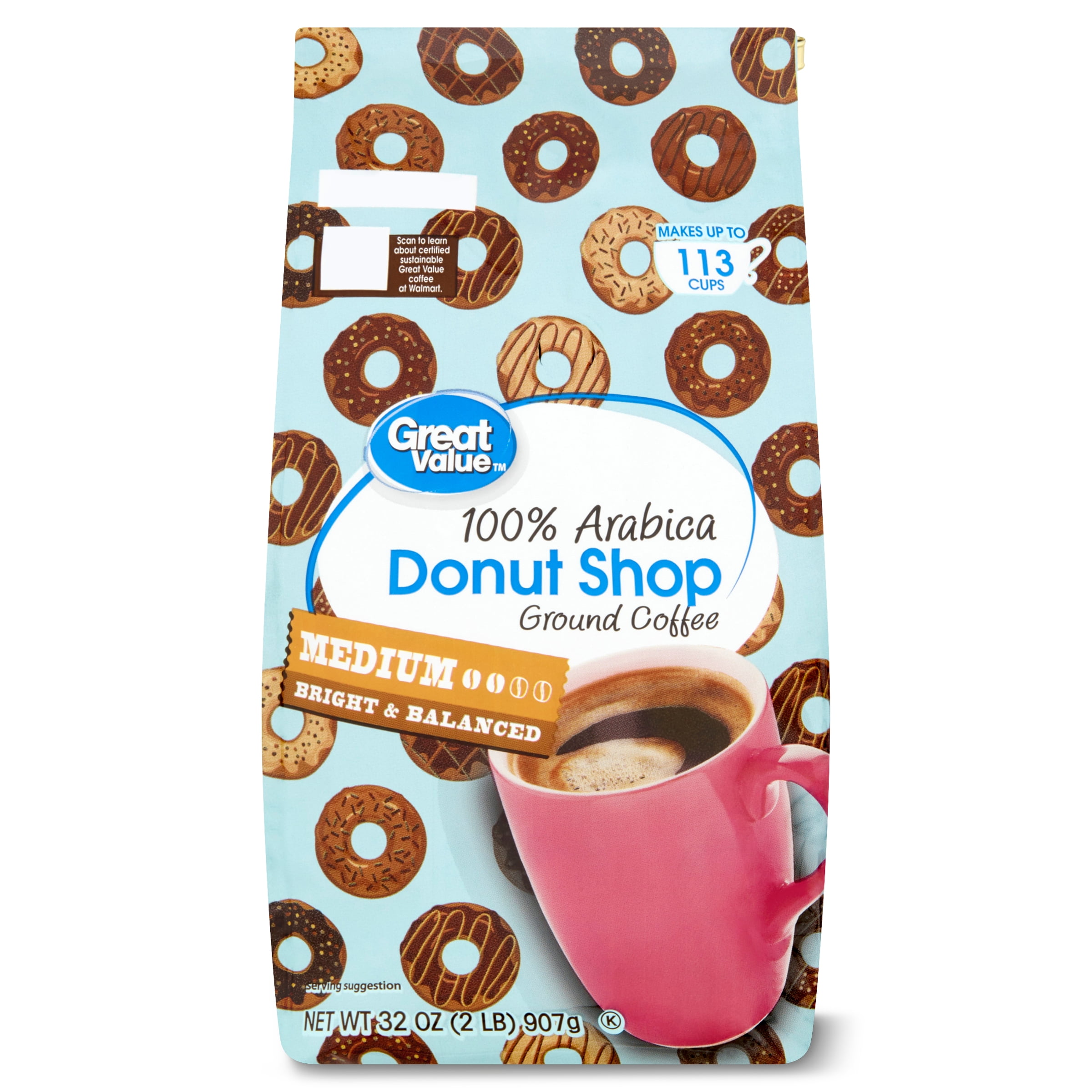 Great Value Donut Shop Ground Coffee, Medium Roast, Arabica Beans (32 oz) tjk16