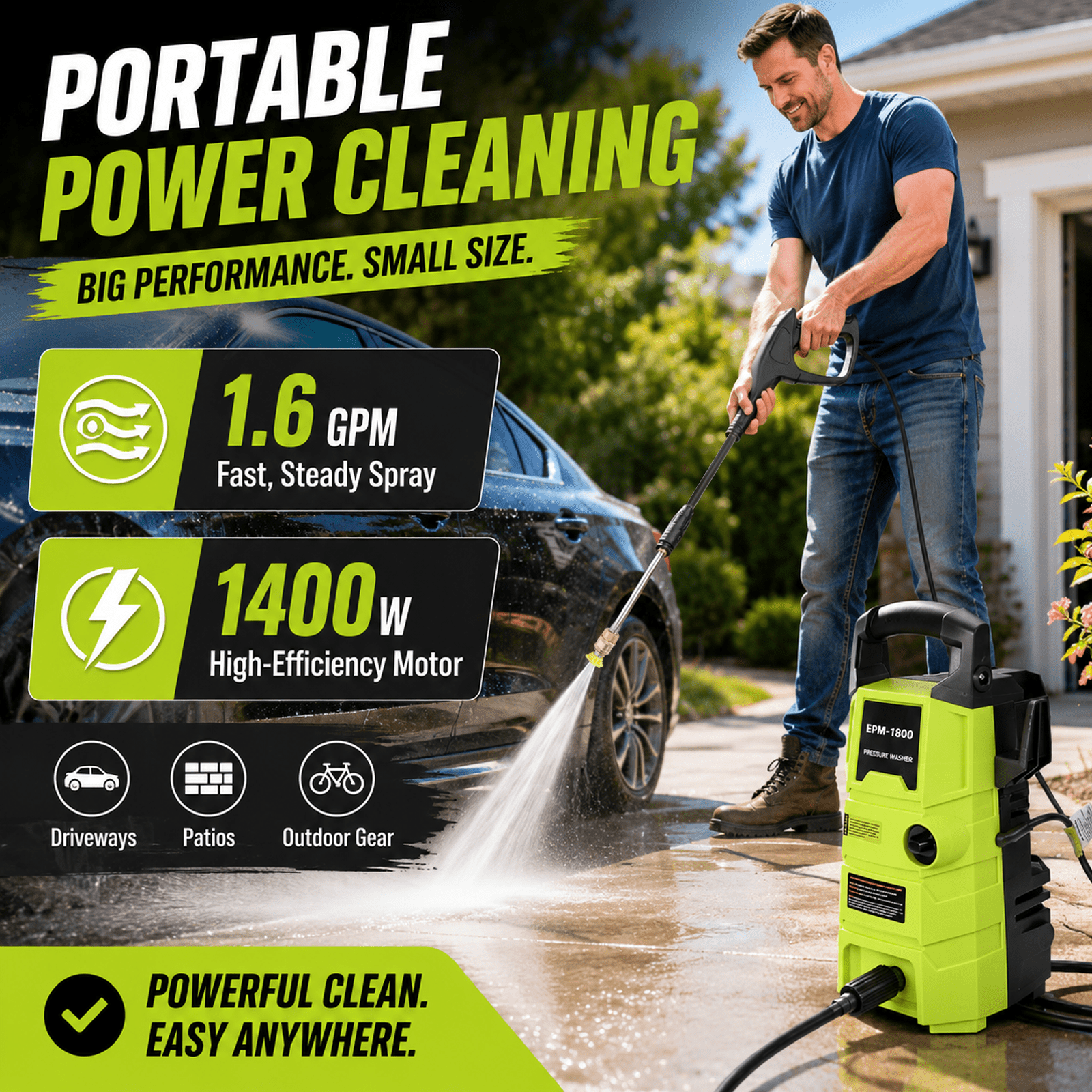 Sunorchid 1800 PSI 1.6 GPM Electric Pressure Washer (Compact Power Washer Kit for Cars, Driveways, and Patios, 20 ft Hose) 2b6nb